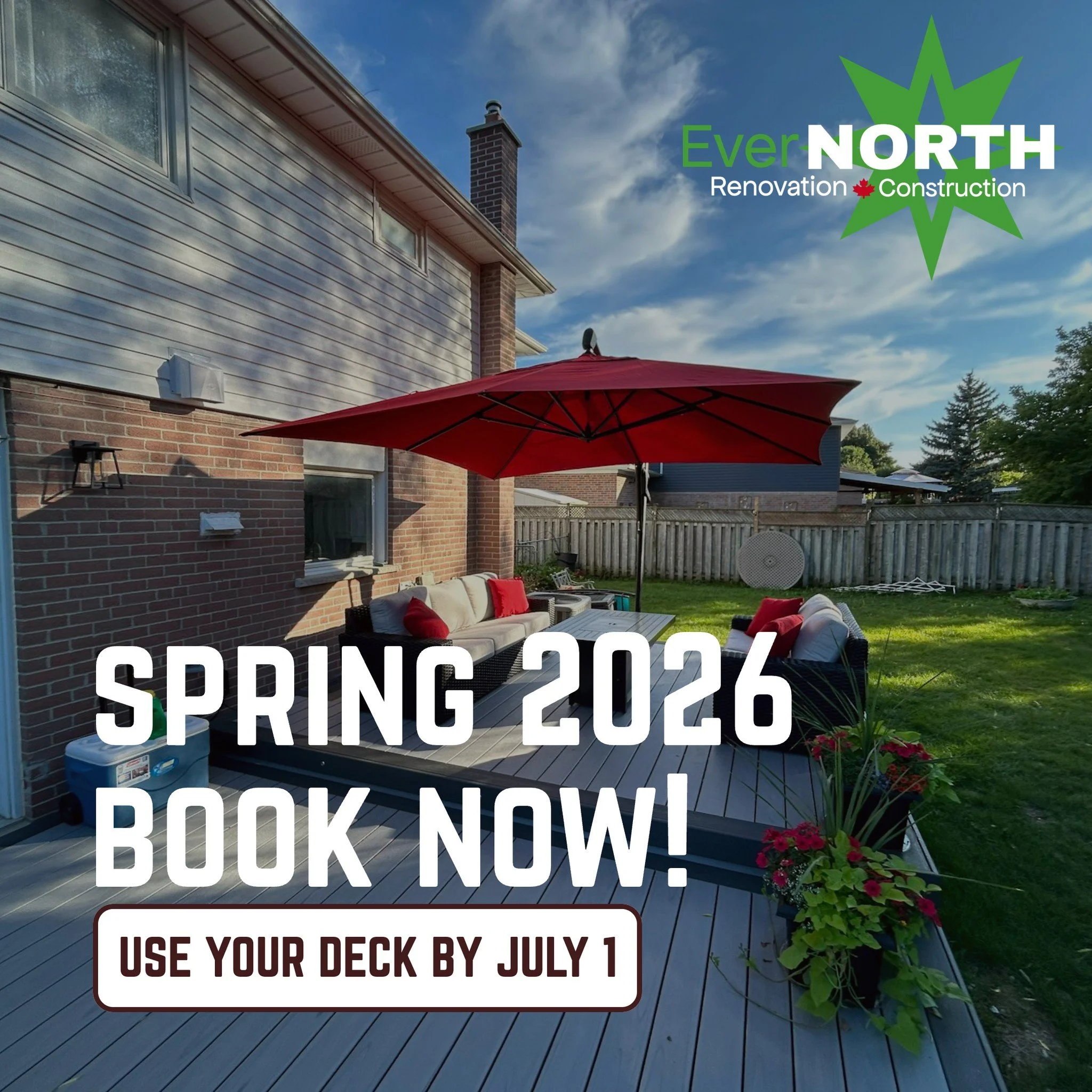 Spring is Just around the corner and with that comes Deck and Patio season! Are you in need of a new Deck for 2026! BOOK NOW! Get in before the spring rush and our team here at EverNorth Renovation &amp; Construction will guarantee you'll be on BBQ s