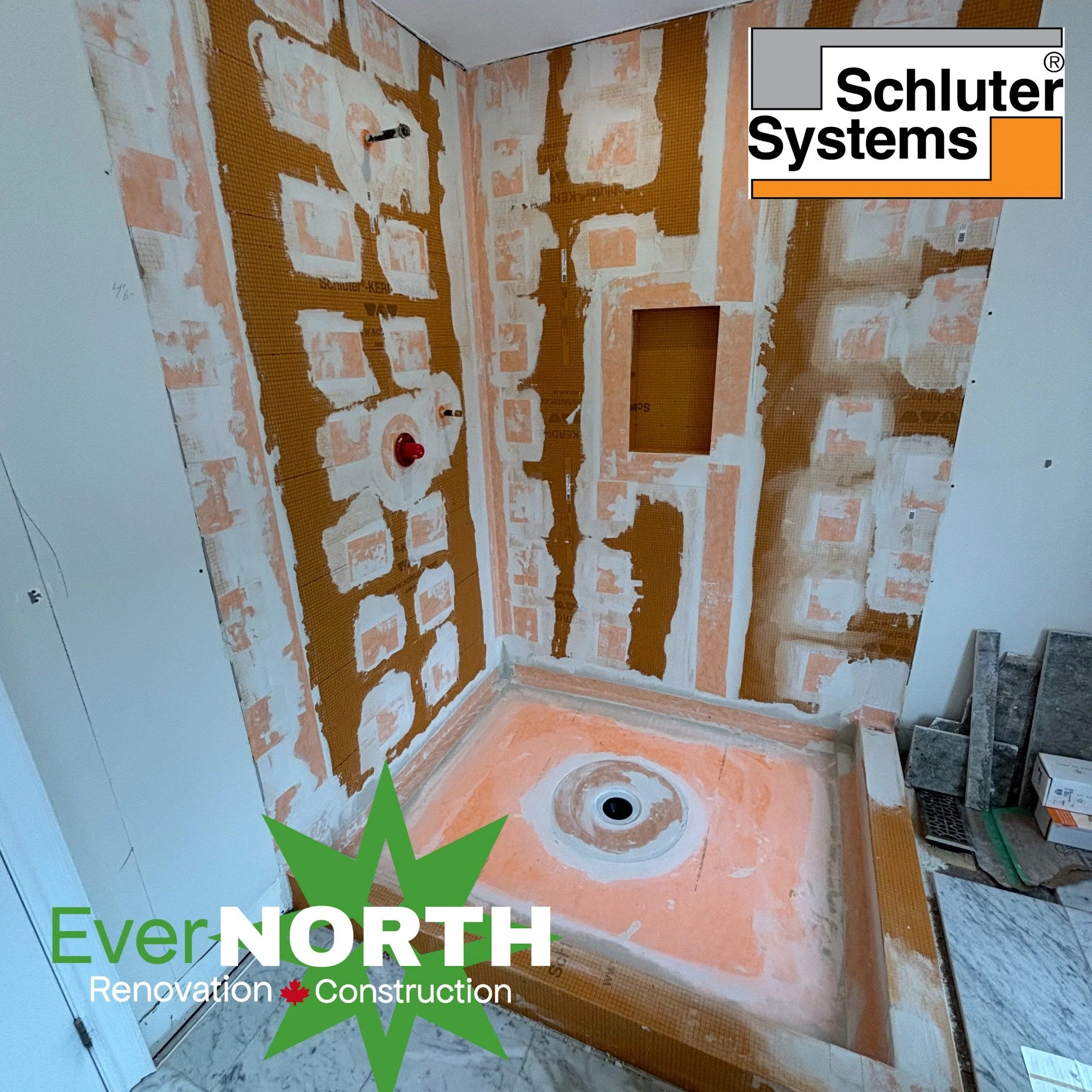 A Proper shower renovation starts with the right waterproofing system! Here at EverNorth Renovation &amp; Construction we exclusively use the @schlutersystemsna Keri Shower System. This membrane gives our clients the peace of mind that there shower w