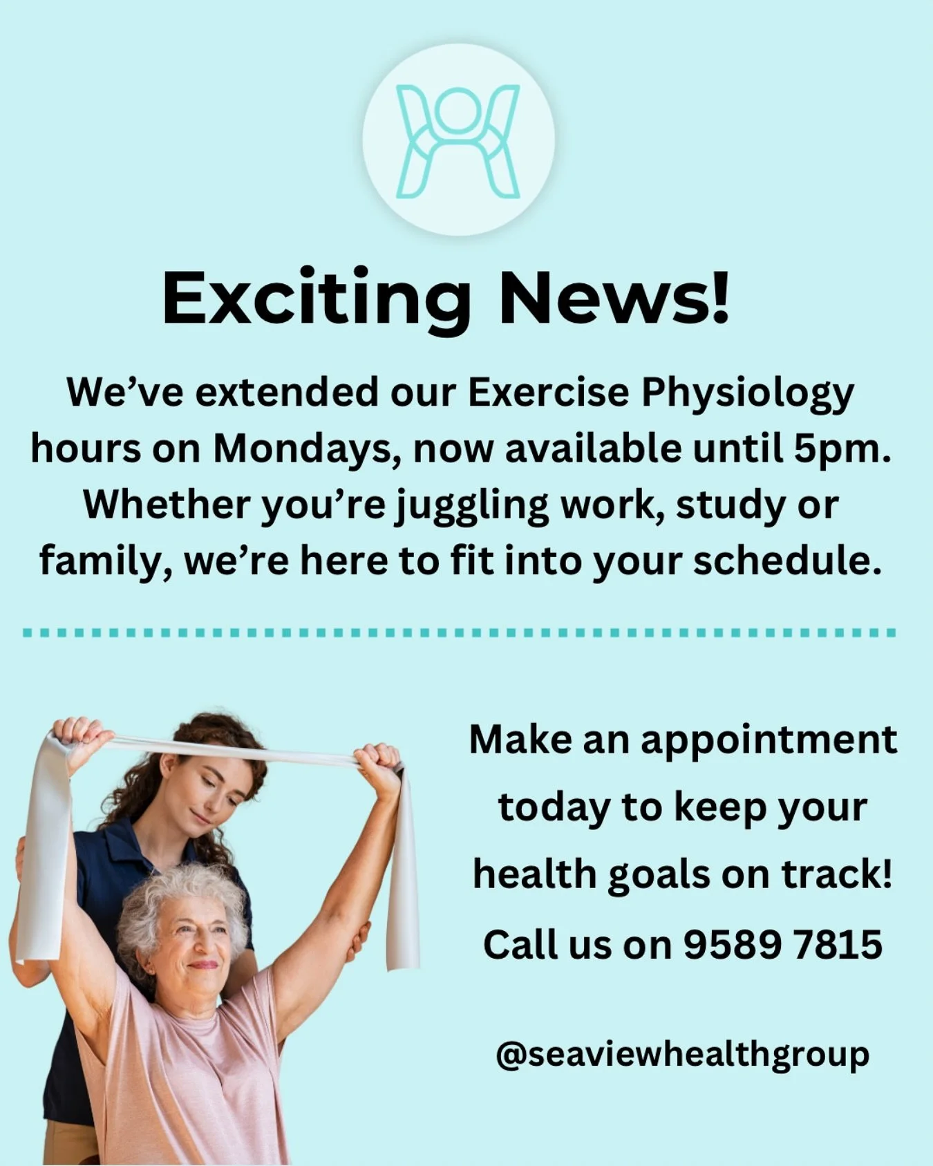 ⏰ We&rsquo;ve extended our Exercise Physiology hours ⏰

Kirsty is now available until 5pm on Mondays for those wanting an afternoon appointment. 

☎️ Call us on 9589 7815 or head to the website to secure your spot. 

#exercisephysiology #pilates #str