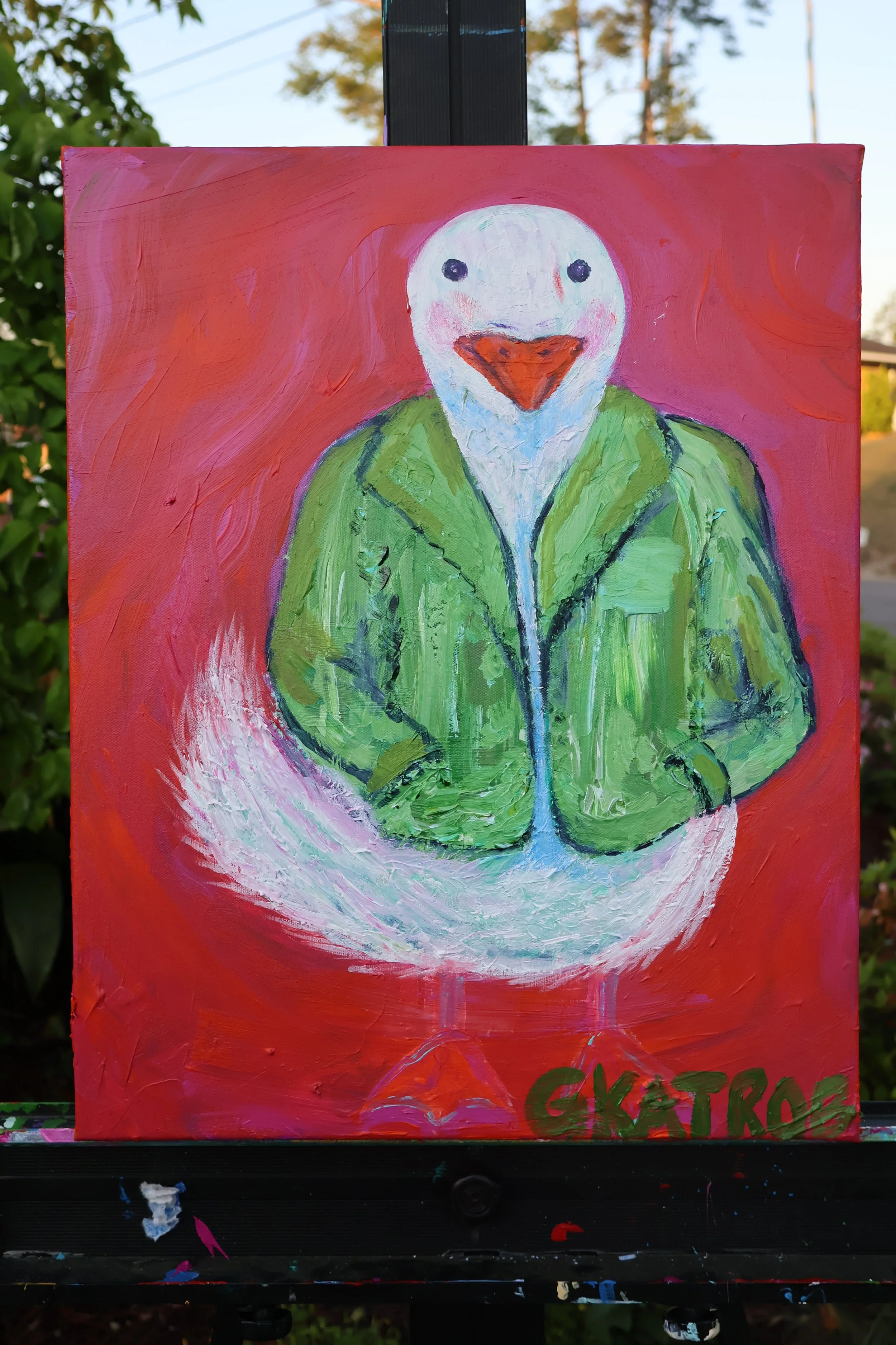 Goose in a green jacket