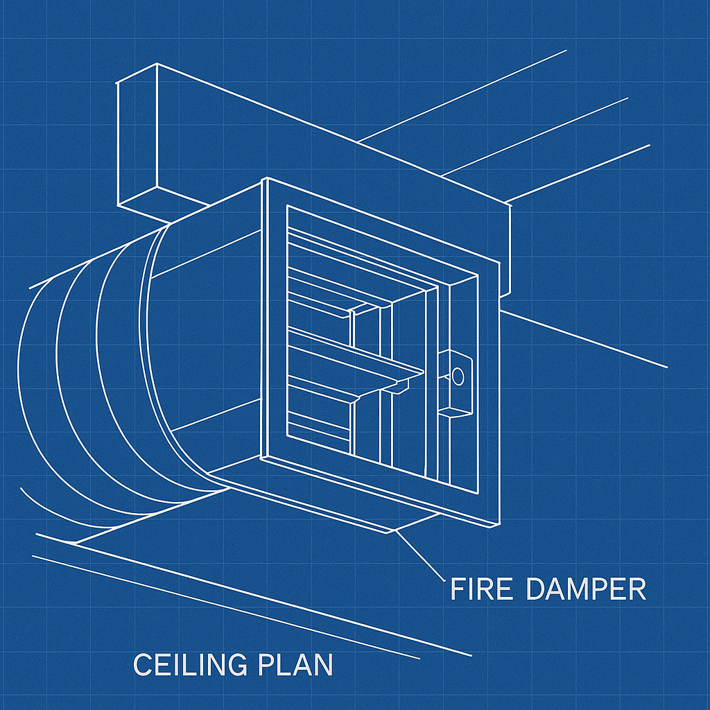 Blueprint blueprint of an HVAC system showing a ventilation duct, ceiling plan, and fire damper.
