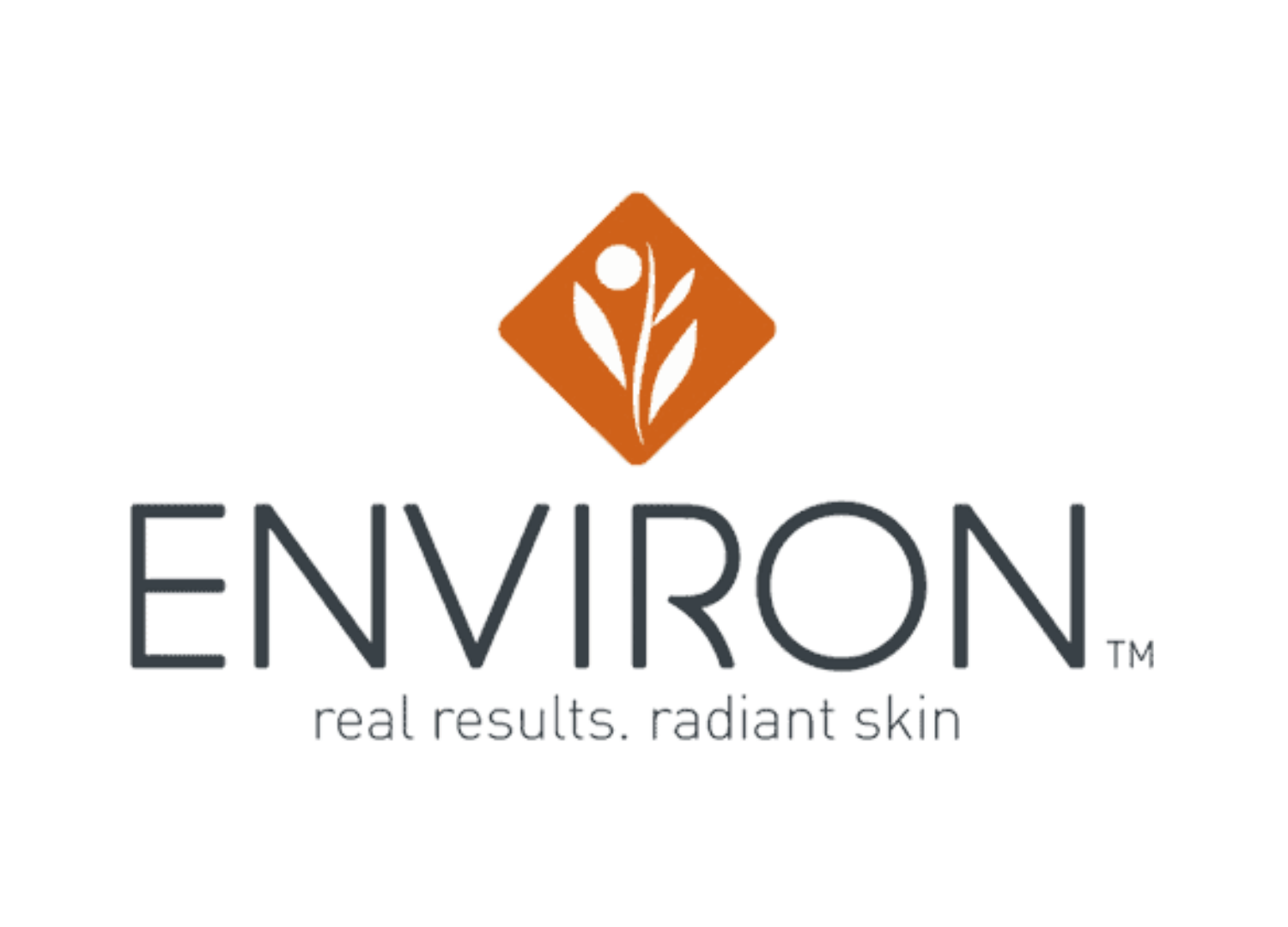 Environmental skincare logo with tagline 'real results. radiant skin' featuring an orange diamond-shaped icon with a white abstract flower or leaf design