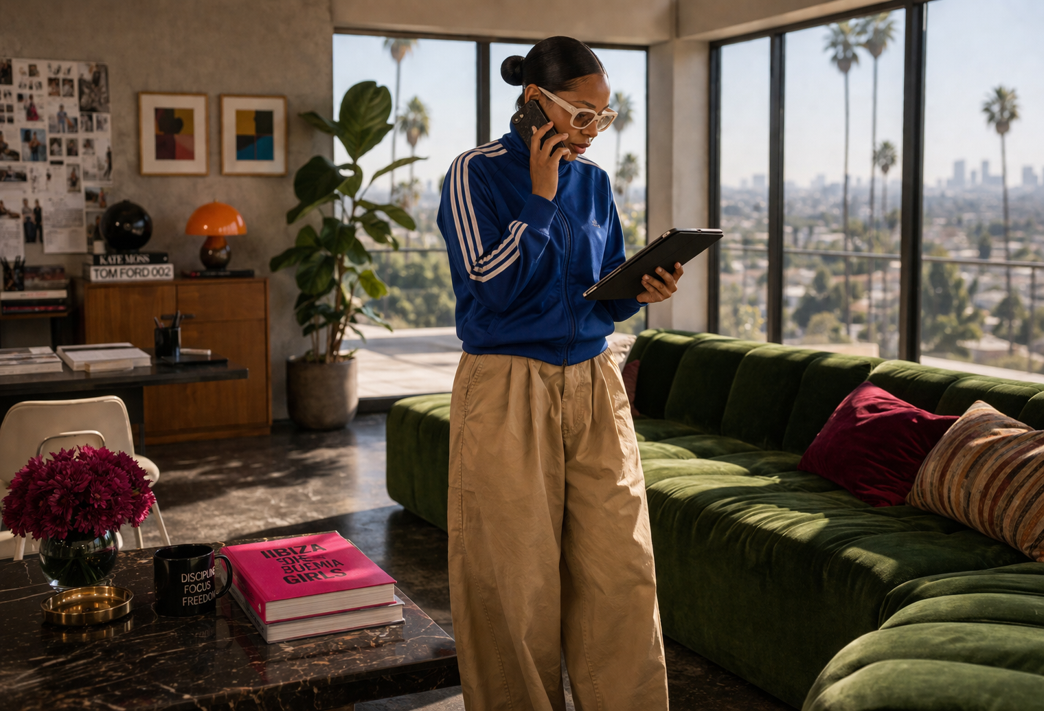 A woman wearing glasses, a blue Adidas track jacket, and beige loose pants, standing in a modern living room talking on her phone while looking at a tablet.