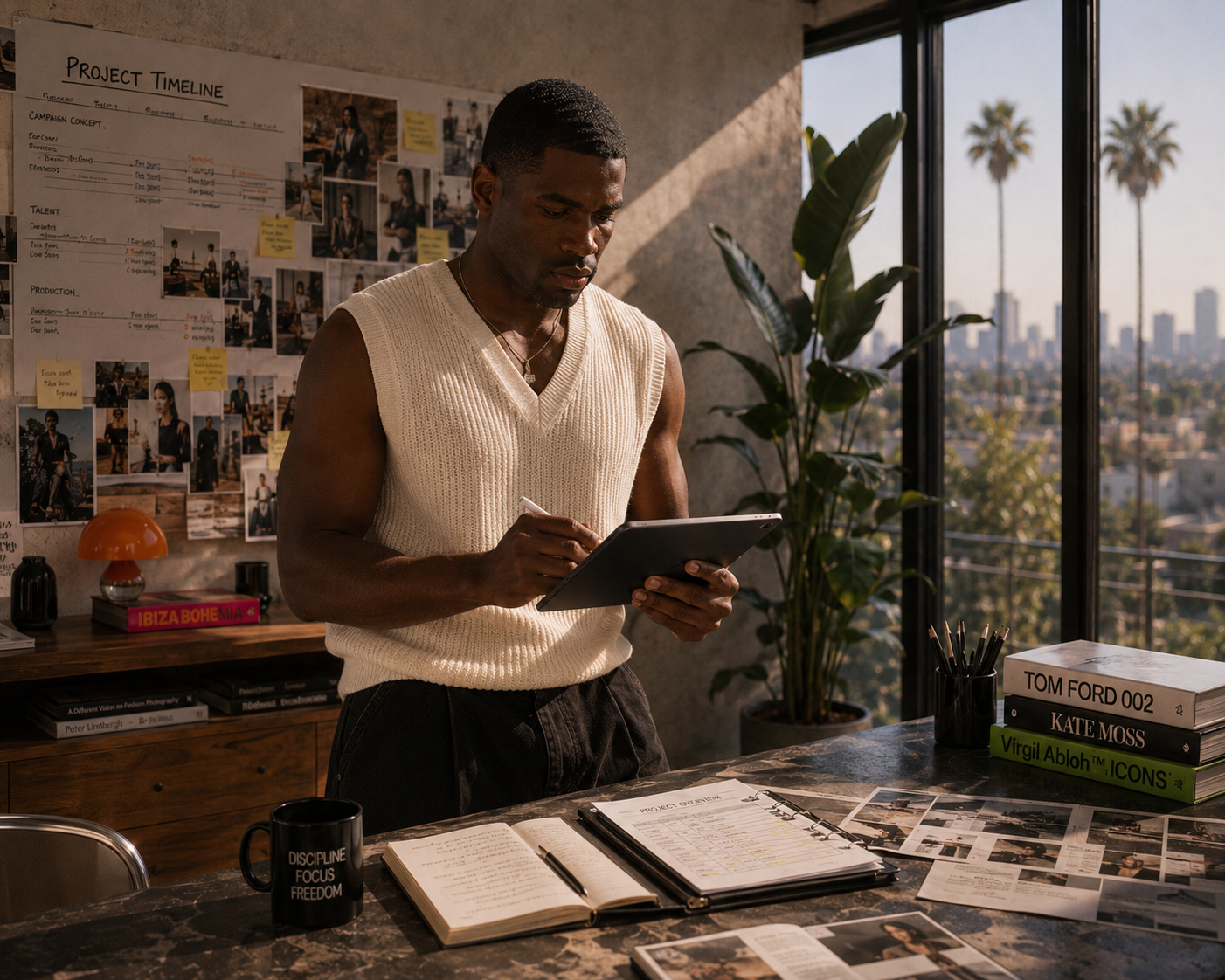 A man in a sleeveless beige sweater working with a tablet in an office with large windows, a plant, and a city view. The desk has magazines, a notebook, a coffee mug, and stacks of books.
