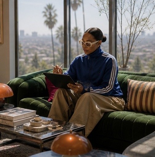 A woman sitting on a green velvet sofa in front of a large window with a city view, wearing sunglasses and a blue sports jacket, holding a tablet and taking notes.
