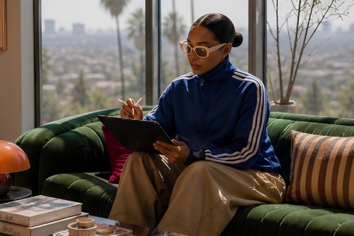 Woman sitting on a green sofa with striped and solid pillows, wearing sunglasses and a blue sports jacket, using a tablet in a bright room with large windows and cityscape view.