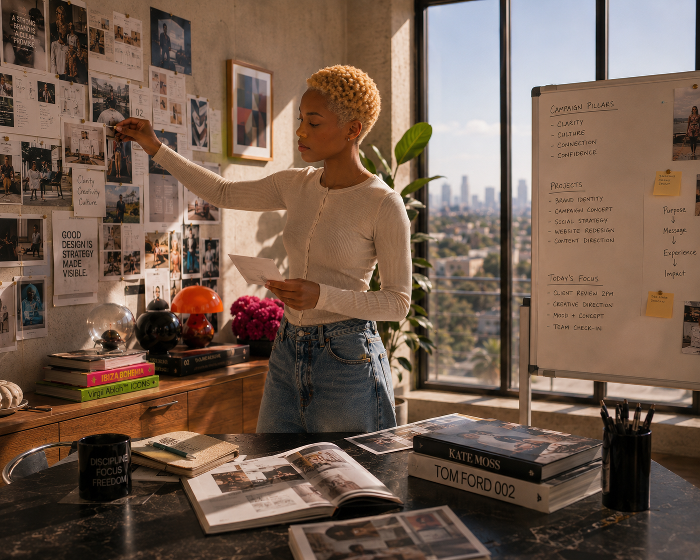 A woman with short blonde hair in a white sweater arranging photos on a wall collage in an office. There are books, magazines, and a coffee mug on the table, with a whiteboard displaying project notes nearby. Large windows show a cityscape skyline.