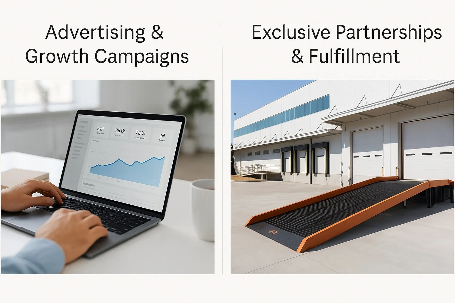 A split image showing a person working on a laptop with a financial dashboard on the left, and an outdoor warehouse dock with loading ramps on the right. The text above reads 'Advertising & Growth Campaigns' on the left and 'Exclusive Partnerships & Fulfillment' on the right.