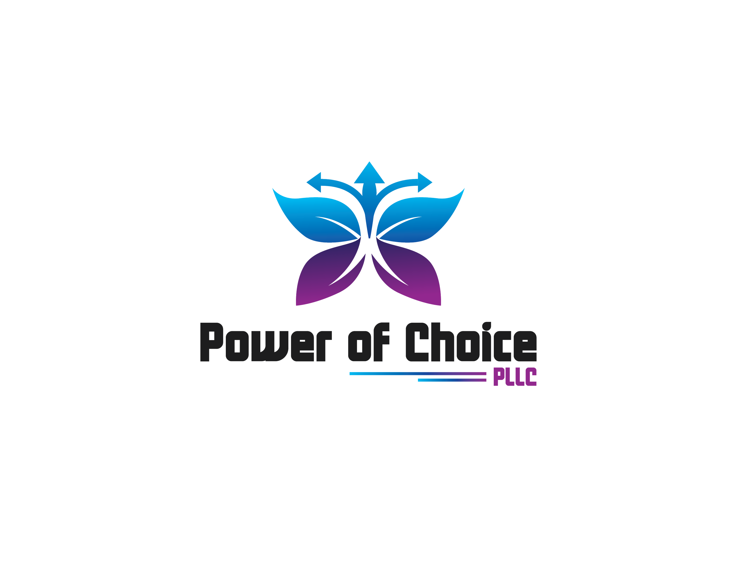 Logo for Power of Choice PLLC featuring a stylized butterfly with blue and purple wings, with arrows pointing in four directions behind it, and the text 'Power of Choice' in bold black letters and 'PLLC' in purple.