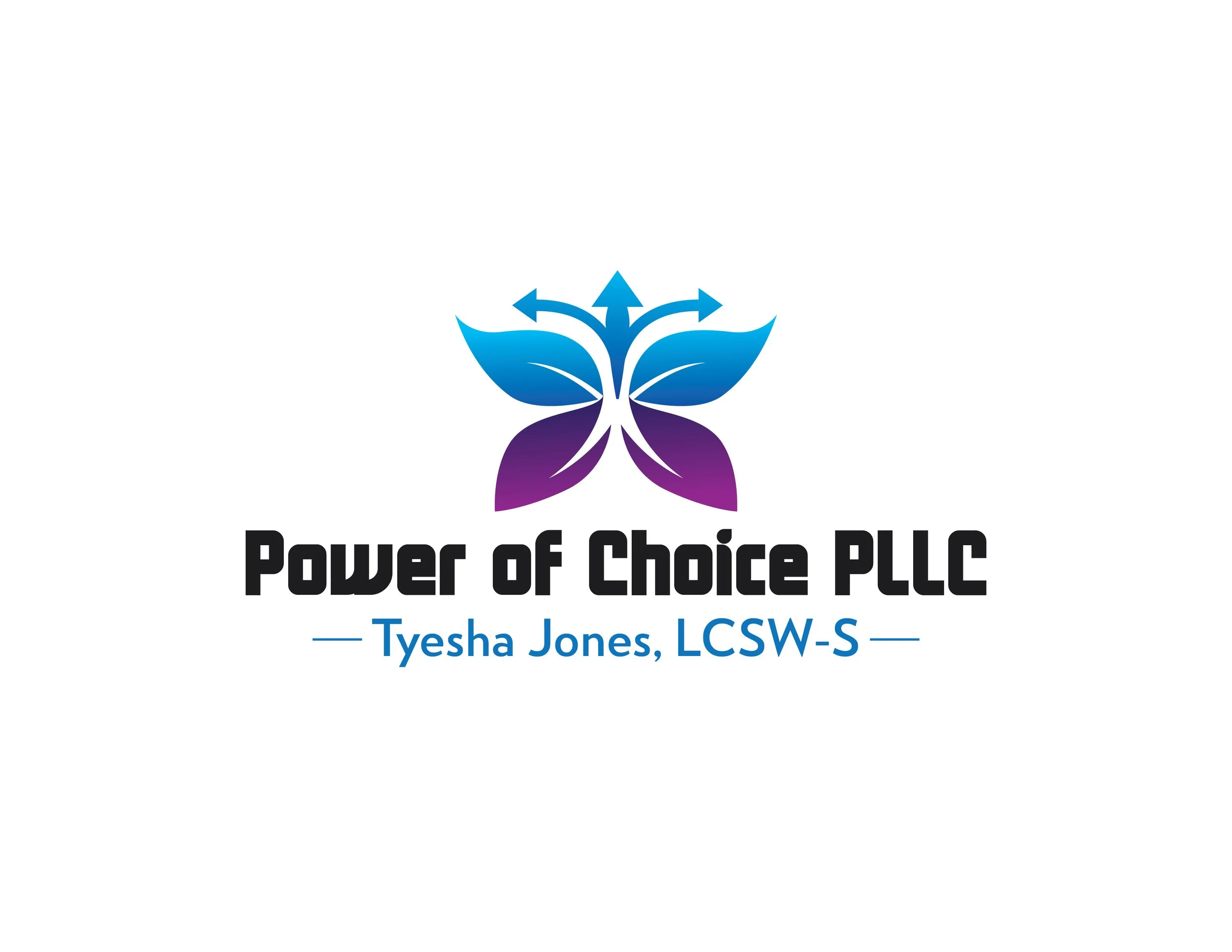 Logo for Power of Choice PLLC featuring a stylized butterfly with mitochondrial motifs in shades of blue and purple, and the text 'Power of Choice PLLC' with the subtitle 'Tyesha Jones, LCSW-S'.