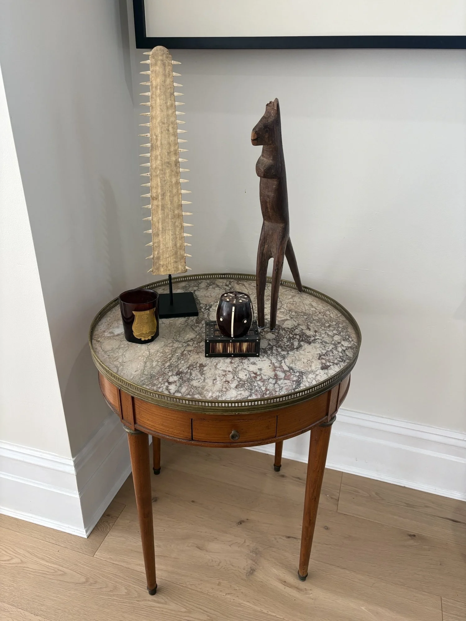 *SOLD* Image 1 of 3
French marbled-top salon table (1870-1880),  most likely designed to be centrally placed with twin drawers. In near perfect condition. $1, 800 (70 x 65).