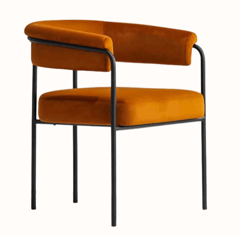 A modern accent chair featuring a sleek steel frame paired with a plush upholstered seat and back. Its clean lines and warm fabric finish offer both comfort and contemporary style.