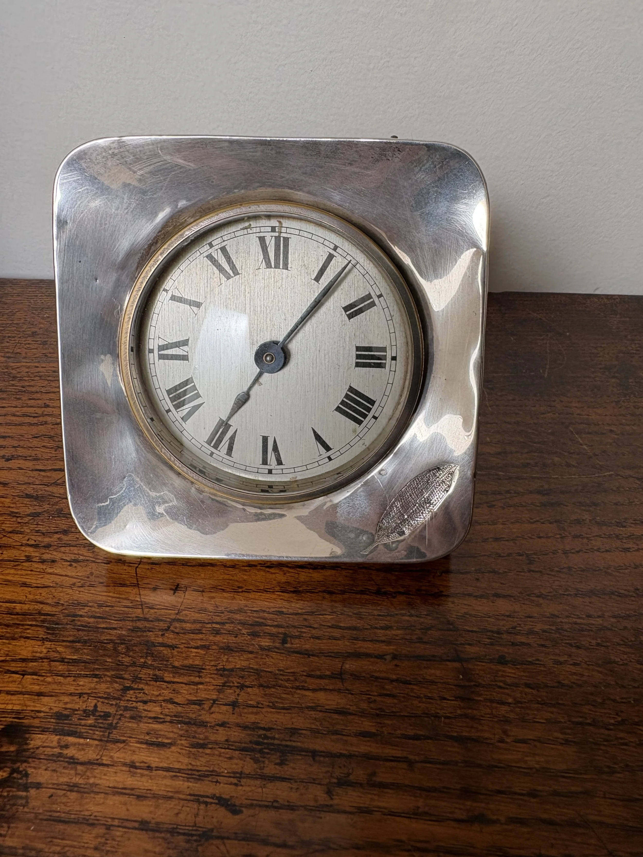 Image 1 of 4
This is a delightful English clock in a sterling silver frame with an oak case - it’s in working order and has a very satisfying tick.
Measures: 12cm x 12cm
Price : $250 in running order or $350 fully serviced 
