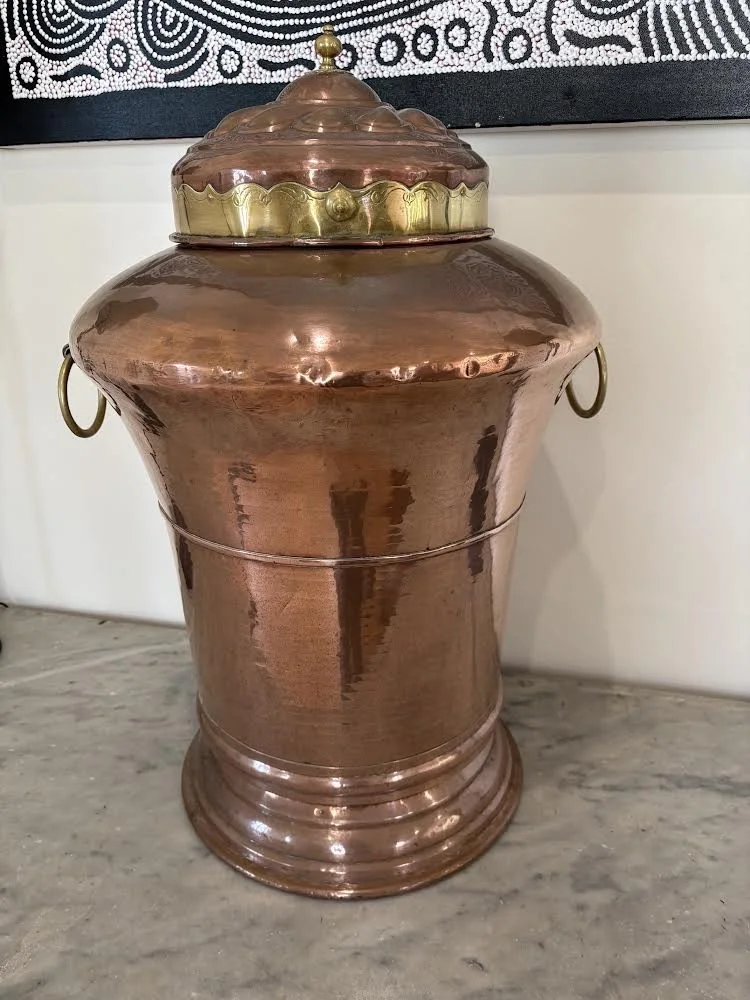 Image 2 of 5 -
Antique Hand beaten Copper water pot - German mid 1800 (72cm high, 52cm wide)
Some careful, but measured polishing and some research revealed some lovely facts;
1. an engraved, almost vanished date 1857
2.a classic German Water pot sha