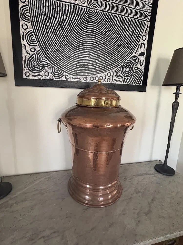 Image 1 of 5 -
Antique Hand beaten Copper water pot - German mid 1800 (72cm high, 52cm wide)
Some careful, but measured polishing and some research revealed some lovely facts;
1. an engraved, almost vanished date 1857
2.a classic German Water pot sha
