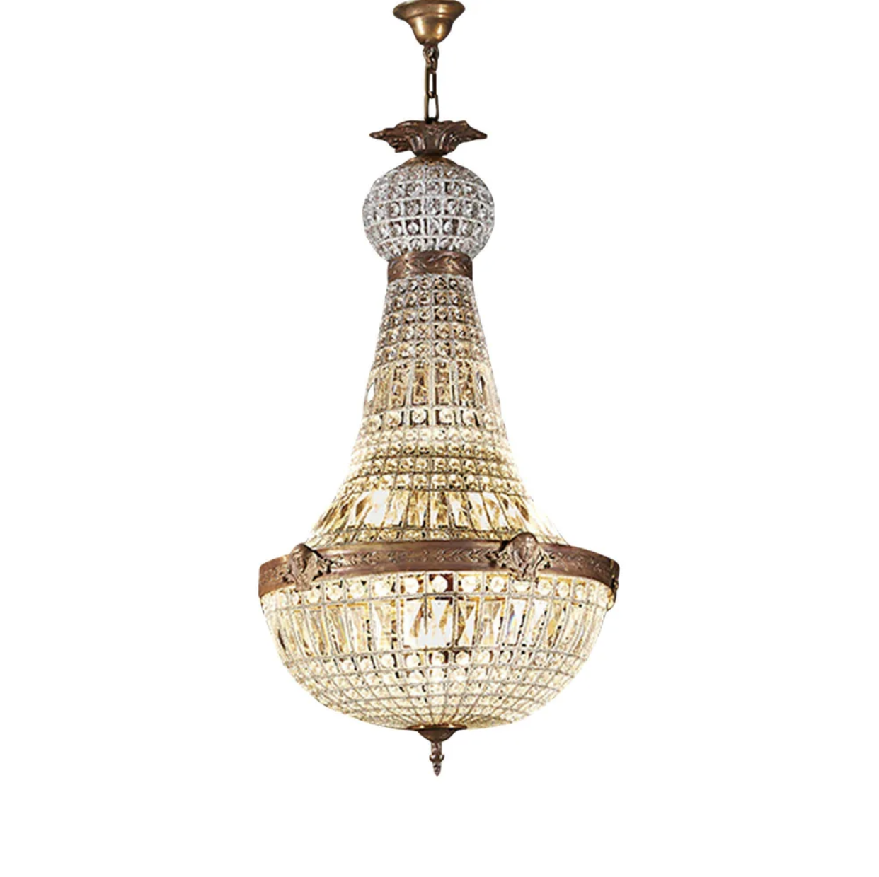 The same crystal-style chandelier with the large and extra-large versions topped by a distinctive round ball fitting. 