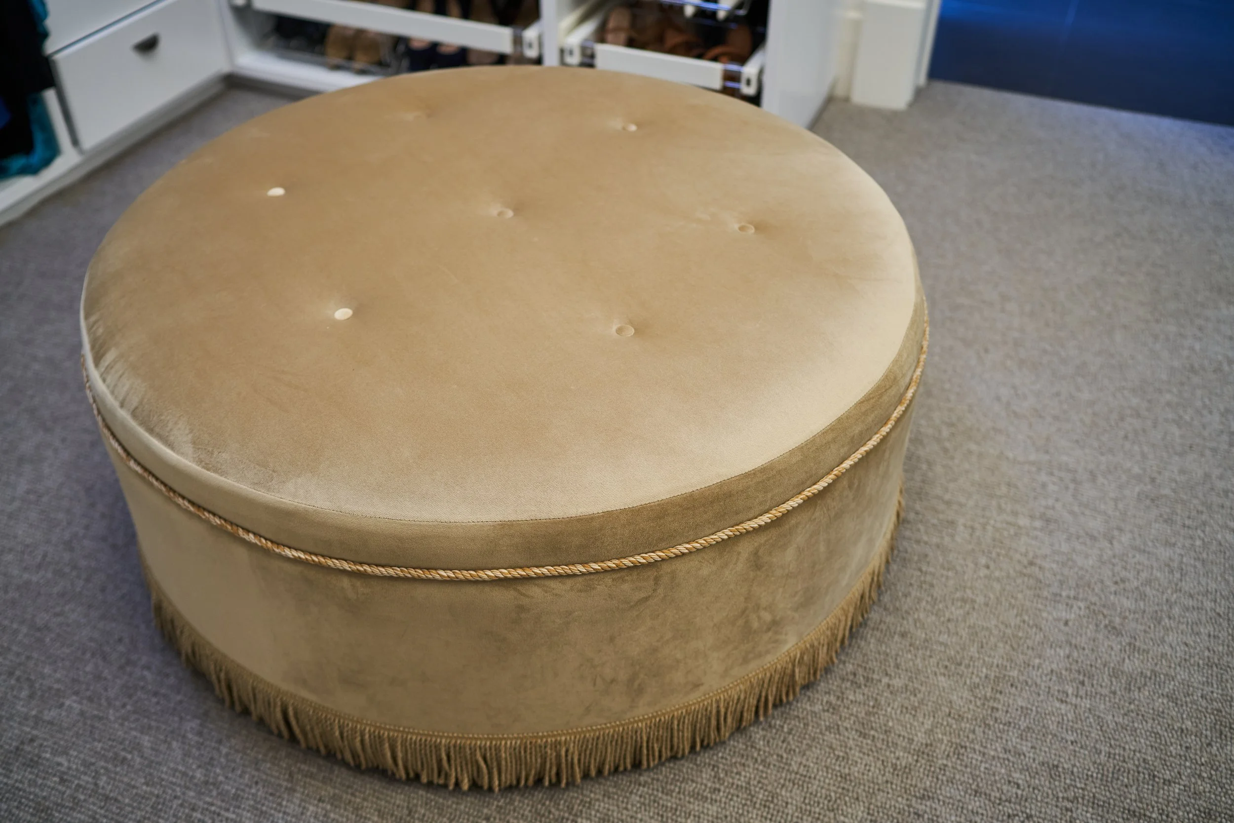 Bespoke Velvet Ottoman with Bullion Fringing. handcrafted iin Adelaide.