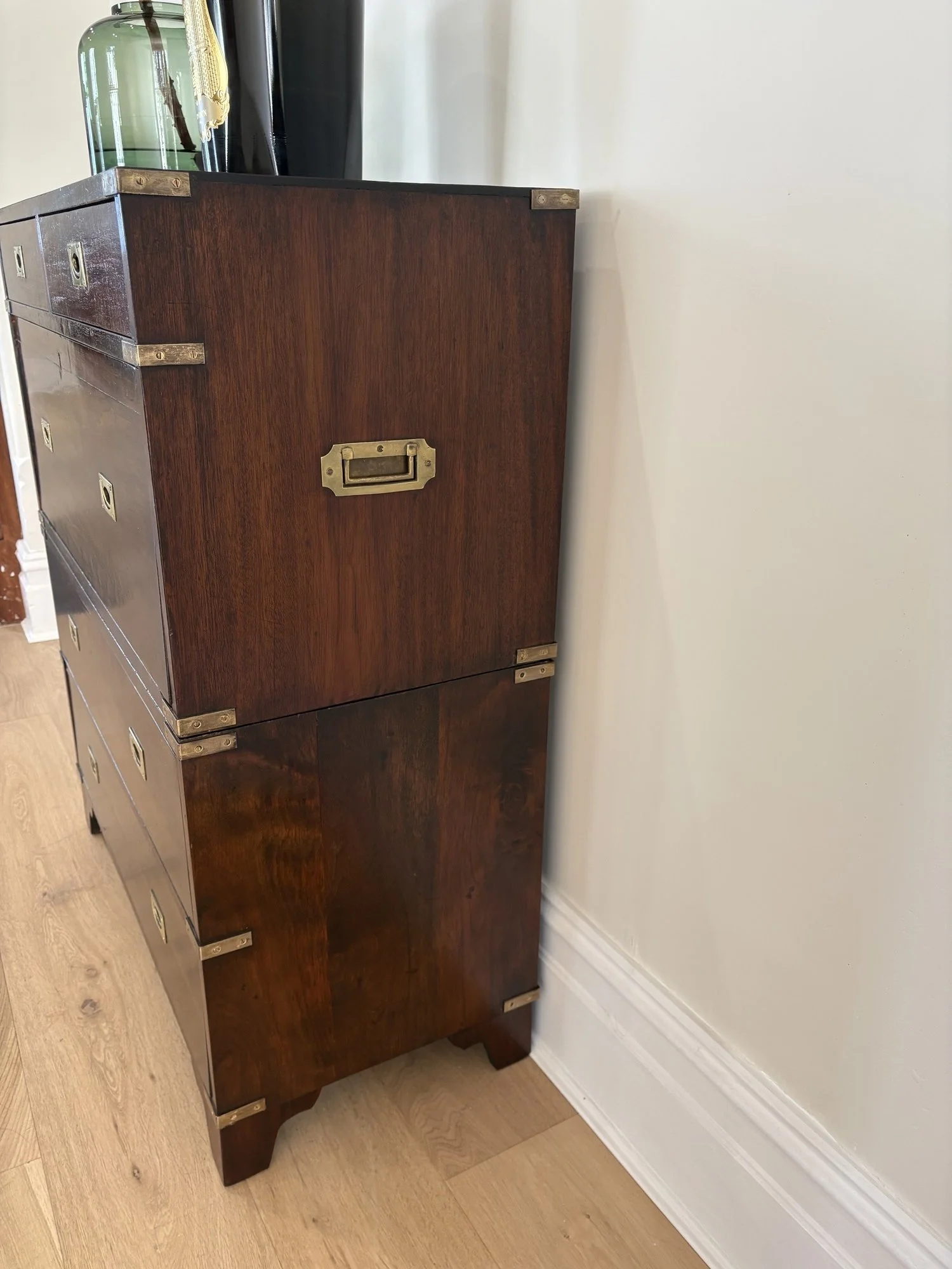 *SOLD* 2 of 2
Campaign Piece created in India from Mahogany with recessed drawers and drawer desk. Restored by Antique Restorations of Unley.  88L x 40D x 100H. Please contact Josephine for further details and to view. $2, 700.
