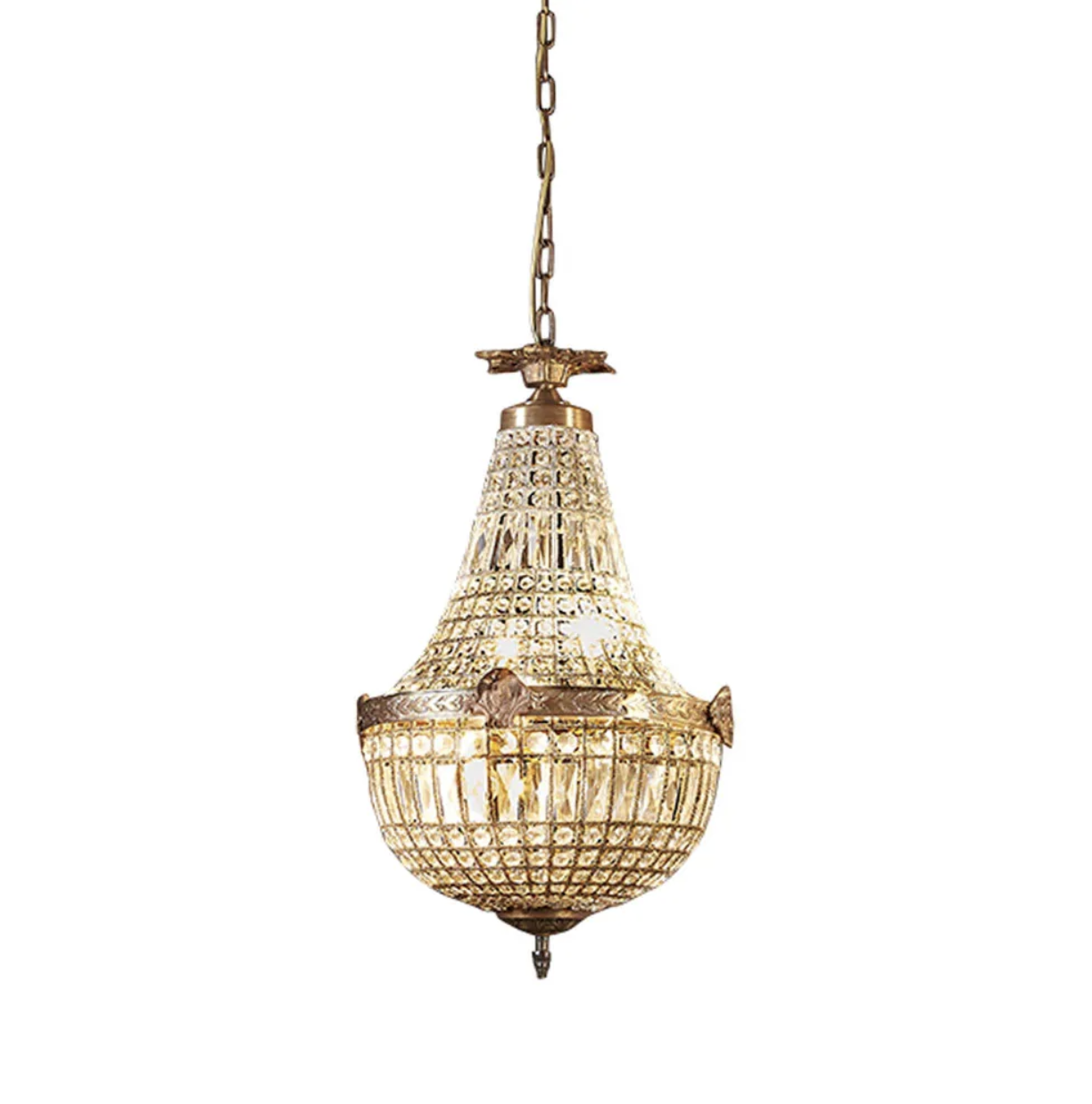 A crystal-style chandelier featuring hand-cut beveled glass pieces that mimic the look of fine crystal. Available in four sizes, with the large and extra-large versions topped by a distinctive round ball fitting. Finished in brass for a timeless, old