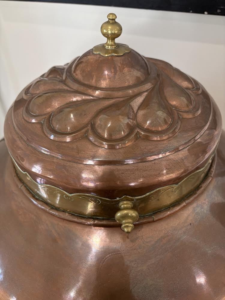 Image 3 of 5 -
Antique Hand beaten Copper water pot - German mid 1800 (72cm high, 52cm wide)
Some careful, but measured polishing and some research revealed some lovely facts;
1. an engraved, almost vanished date 1857
2.a classic German Water pot sha
