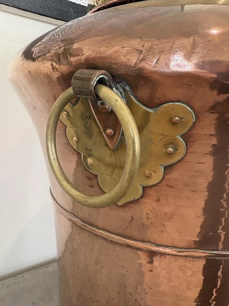 Image 4 of 5 -
Antique Hand beaten Copper water pot - German mid 1800 (72cm high, 52cm wide)
Some careful, but measured polishing and some research revealed some lovely facts;
1. an engraved, almost vanished date 1857
2.a classic German Water pot sha