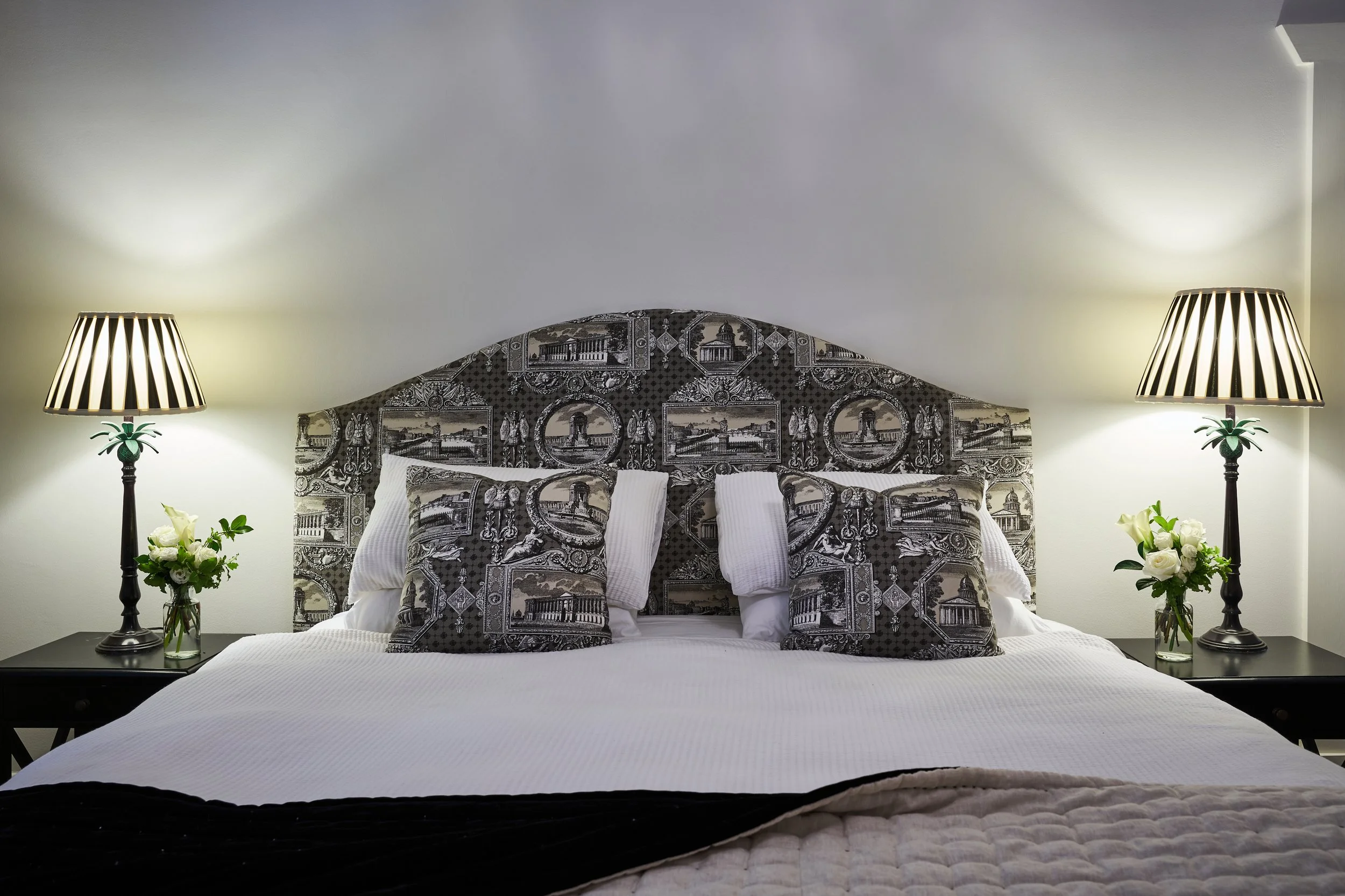 Bespoke Bedhead, hand crafted in Adelaide and featuring  French Handprintrd Toile commissioned from Artisans in Paris for the project.