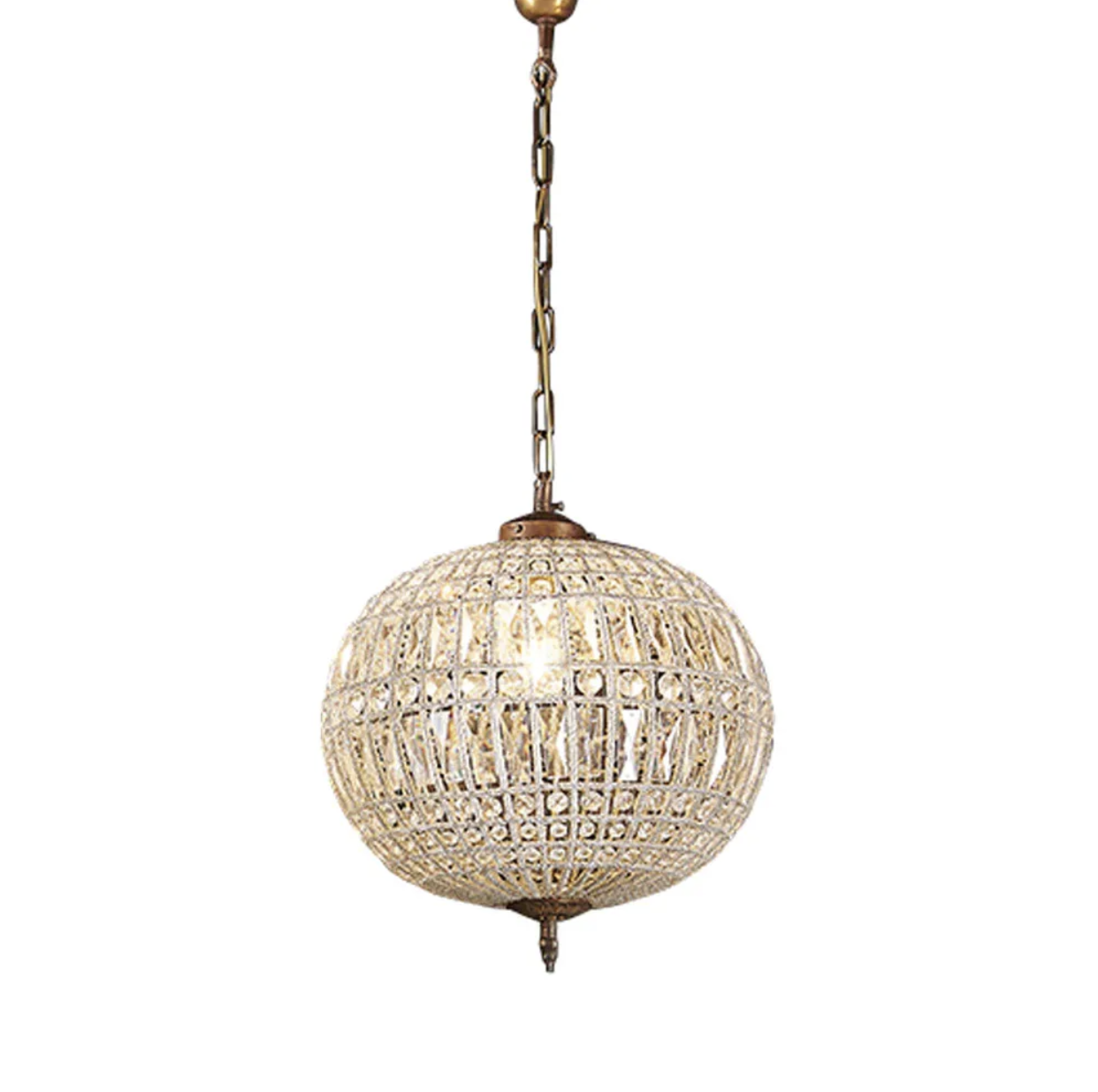 An elegant round chandelier pendant light crafted from exquisite crystal glass. Handcrafted with a brass frame and intricately carved glass tiles, it creates a stunning, sparkling centerpiece.