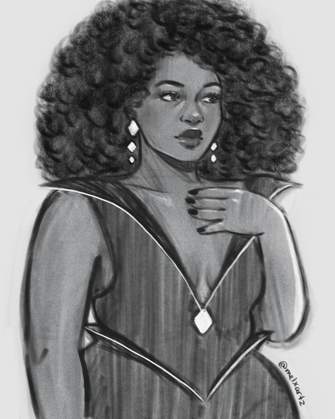 Black and white illustration of a woman with voluminous curly hair, wearing earrings, a necklace, and a dress with a deep neckline, posing with her hand on her chest.