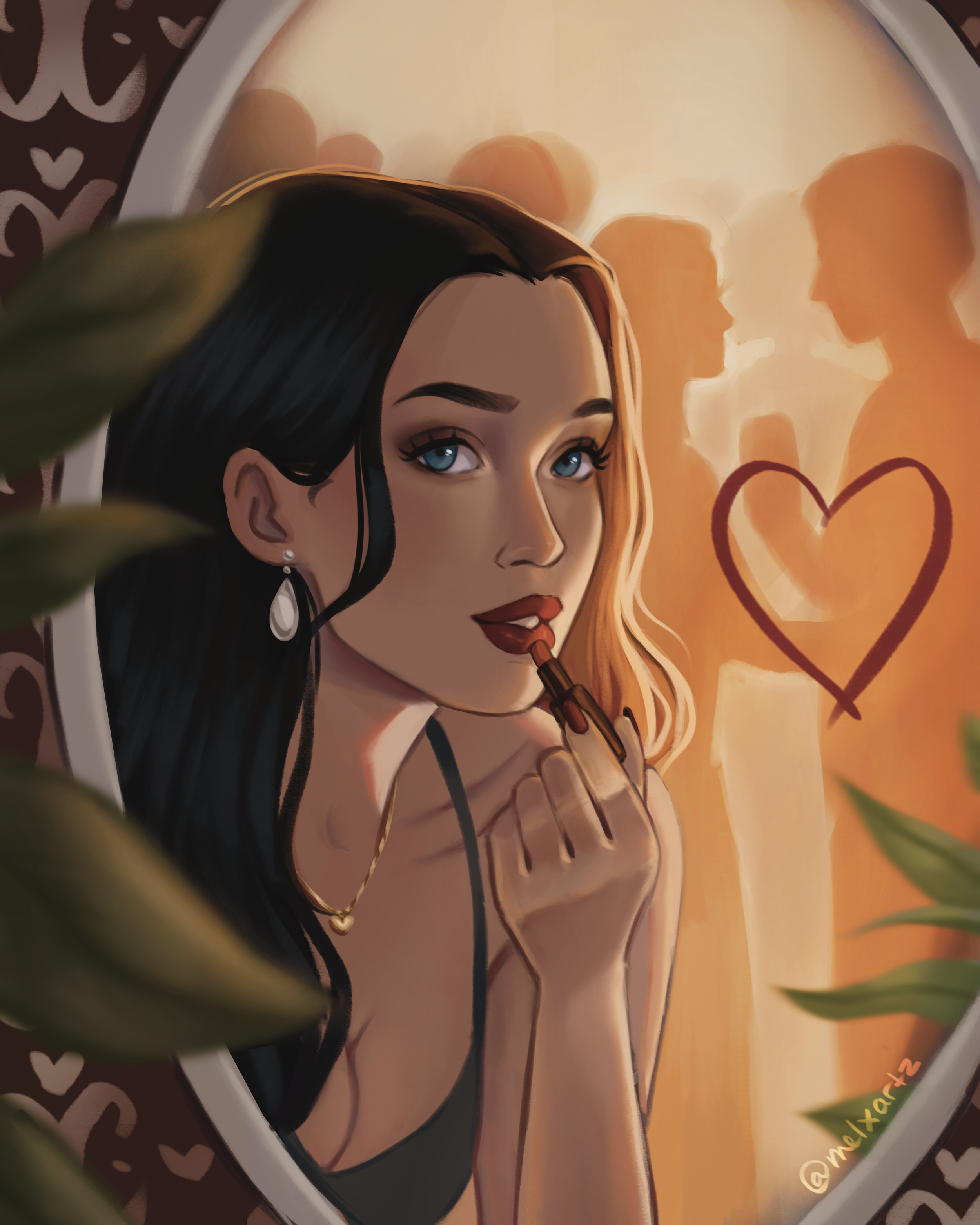 Digital illustration of a woman with long black and light blonde hair, blue eyes, earrings, and lipstick, applying lipstick while looking in a mirror surrounded by plant leaves. A red heart is drawn on the mirror, and there are two blurred silhouette