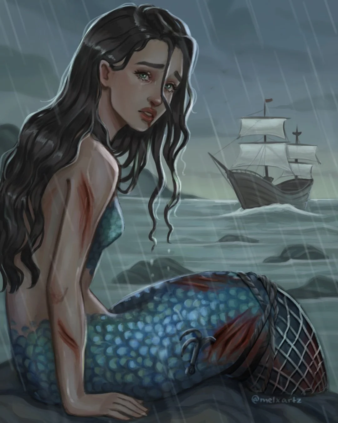 Illustration of a mermaid sitting on rocks in the rain, with a ship in the background at sea.