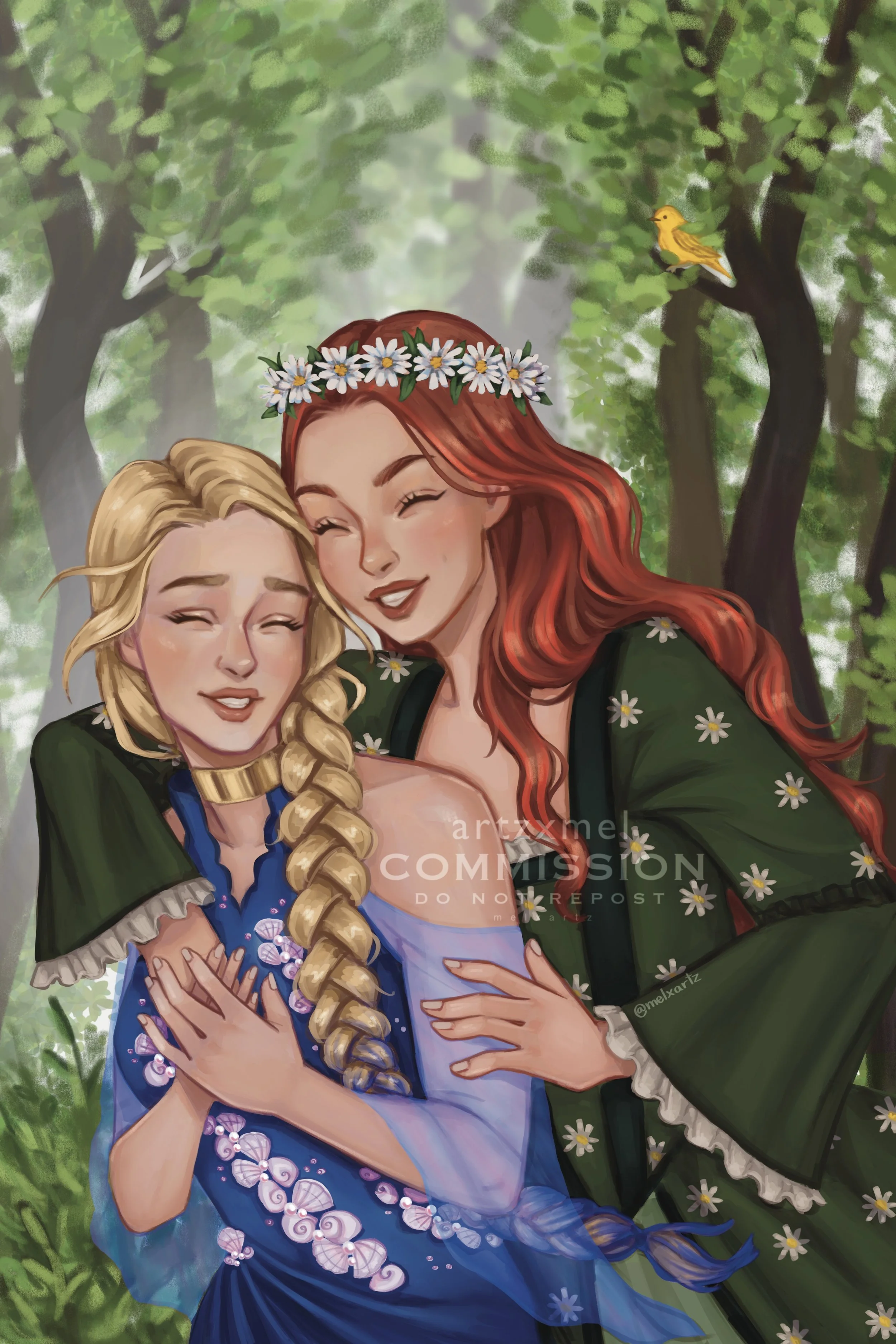 Custom character art Commission of two women in a forest with trees and green foliage, hugging and smiling happily. 