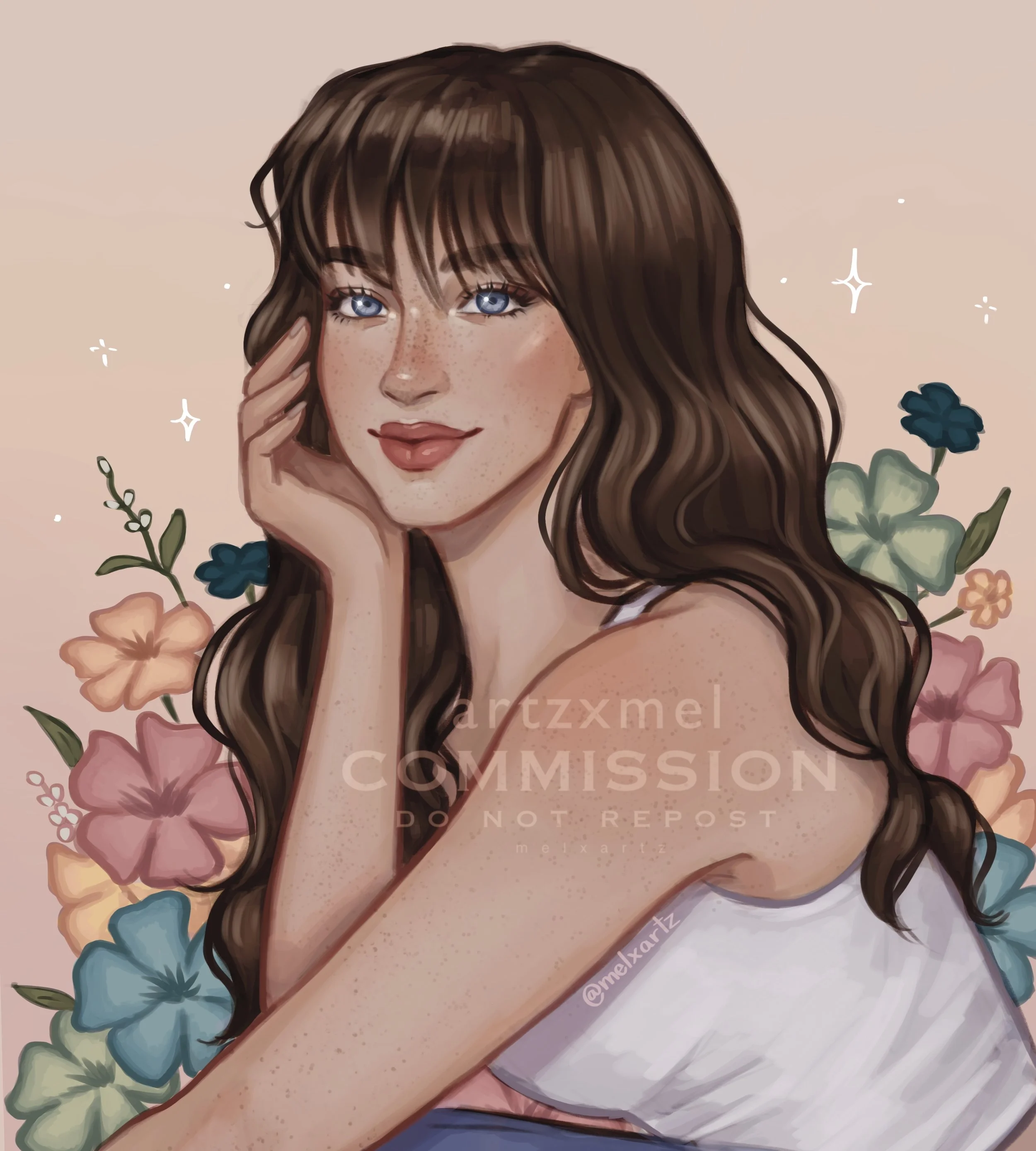 Custom Author portrait commission of a young woman with long brown hair and blue eyes, surrounded by colorful flowers and star-like sparkles.