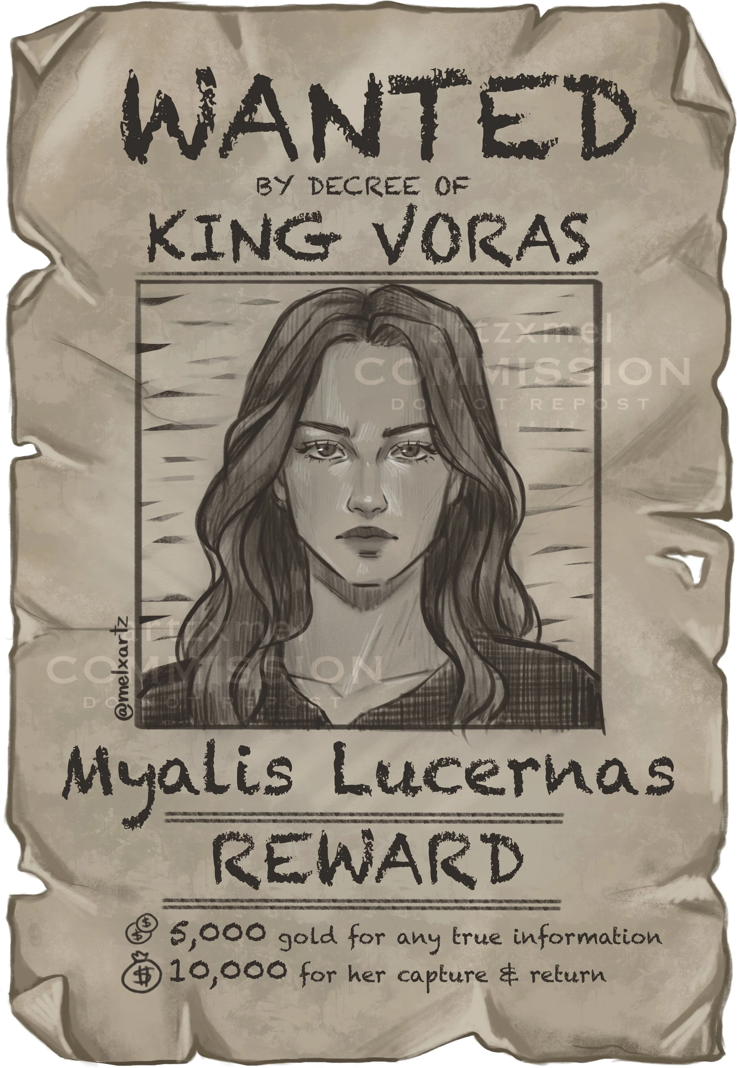 Wanted poster for Mya is Luceras, featuring a drawing of a woman with long wavy hair, offering a reward of 5,000 gold for true information and 10,000 gold for her capture and return.
