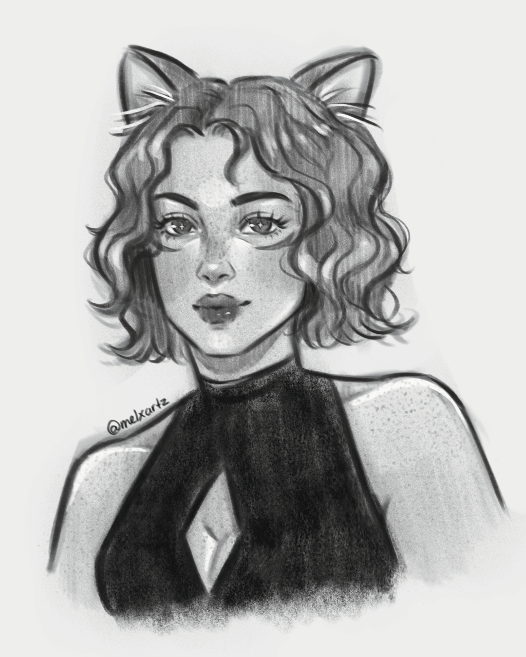 A black and white digital drawing of a woman with wavy hair, cat ears, freckles, and a diamond on her black top.