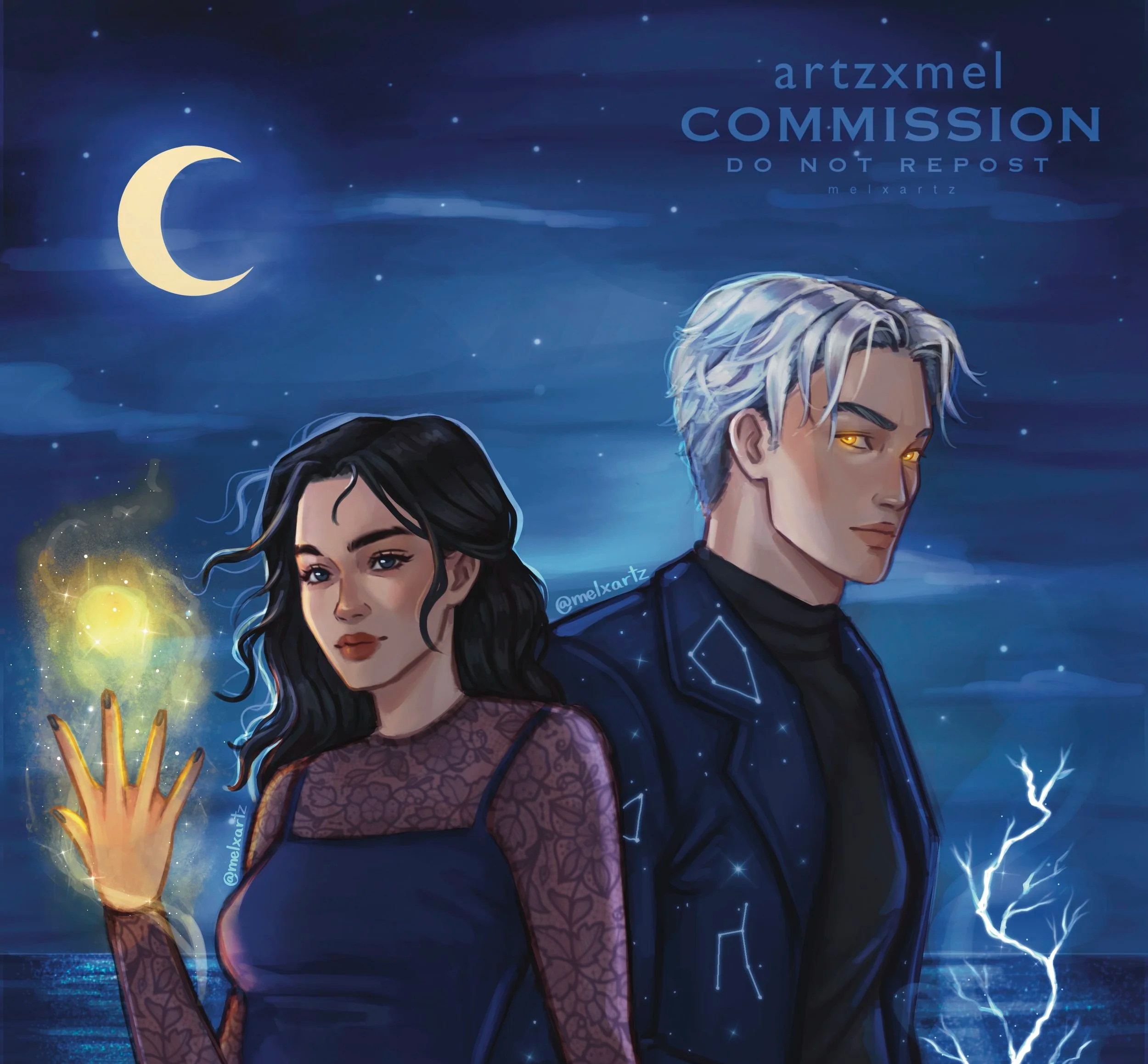 Custom digital art commission of a woman with dark hair wearing a lace top and a man with silver hair wearing a dark jacket, standing against a night sky with a crescent moon, stars, lightning, and glowing effects.