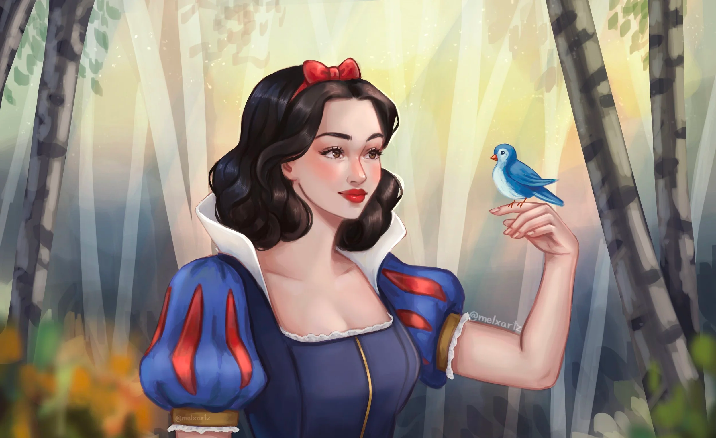 Digital painting of a woman dressed as Snow White in a forest, holding a blue bird on her finger with sunlight filtering through trees in the background.