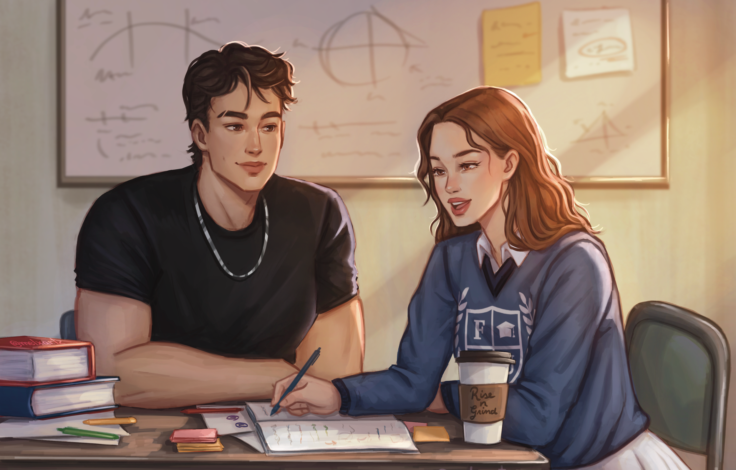 Custom digital art commission of a young man and woman studying together at a table, surrounded by books, notebooks, and pens, with a whiteboard and notes on the wall behind them.