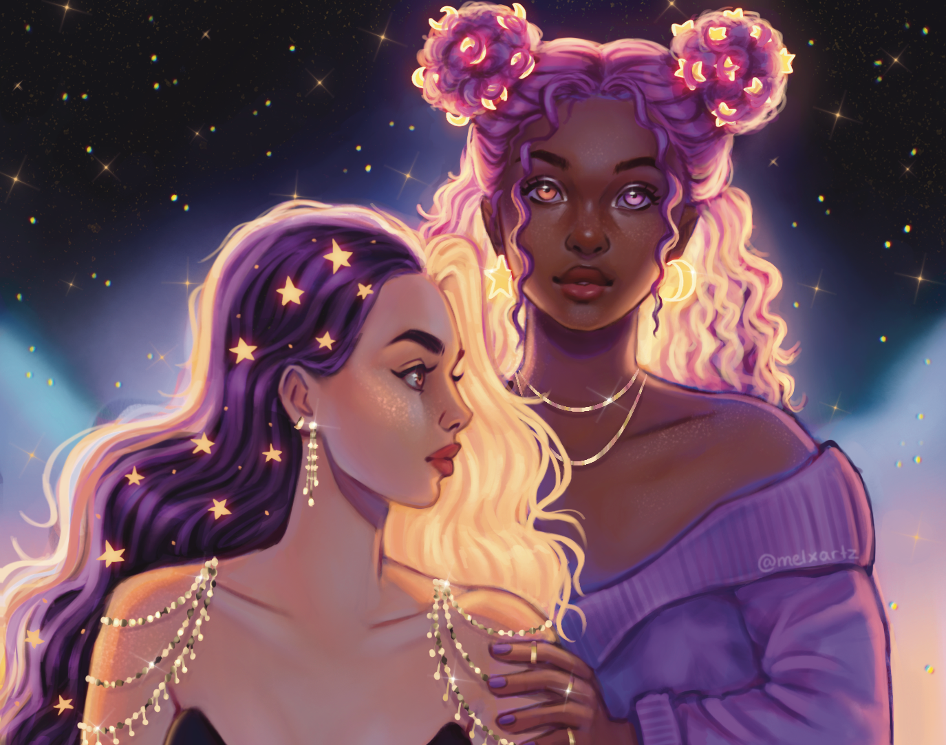 Digital artwork of two women with a celestial background. The woman on the left has long purple hair with star-shaped accessories, gold earrings, and a black top. The woman on the right has curly, pastel-colored hair styled in buns, wearing off-shoul