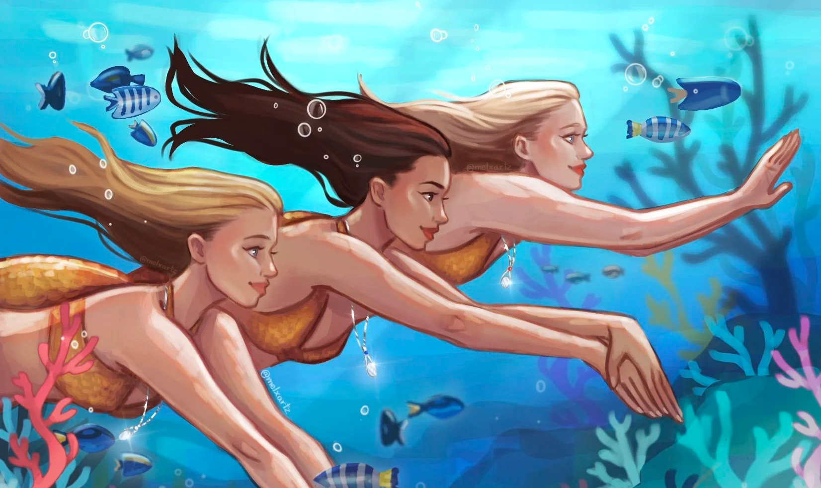 Three mermaids with long flowing hair swimming underwater among colorful coral and fish.