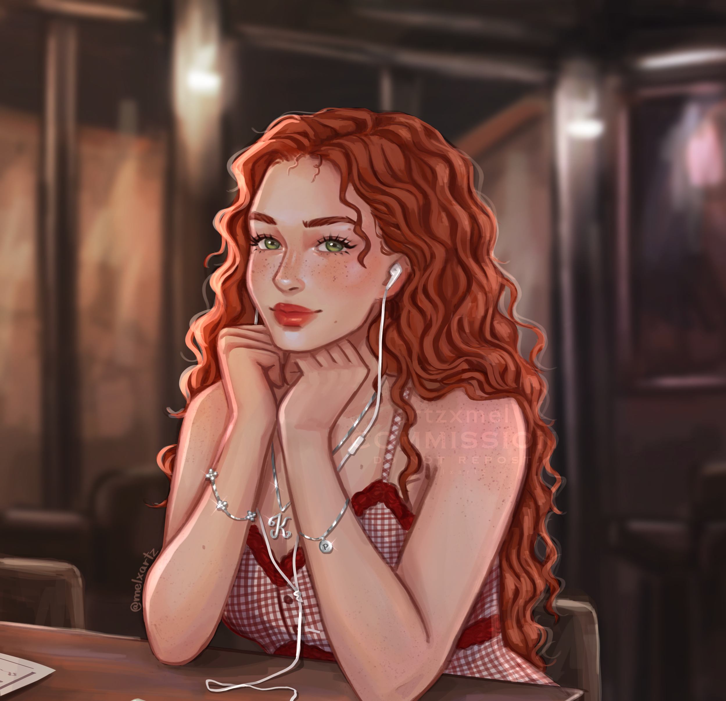Custom digital art commission of a red-haired woman with green eyes, wearing a red and white checkered shirt, sitting at a wooden table with a blurred background, listening to music with earphones and smiling gently.