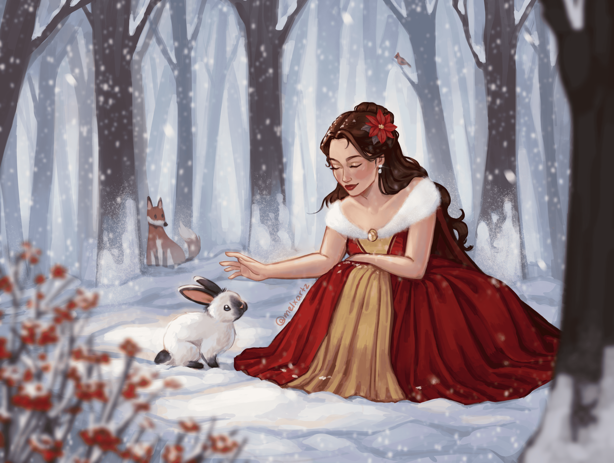 A woman dressed in a red and gold gown with a white fur collar is kneeling in a snowy forest, reaching out to touch a white rabbit with black markings. There are snow-covered trees, a fox in the background, and snow falling gently.