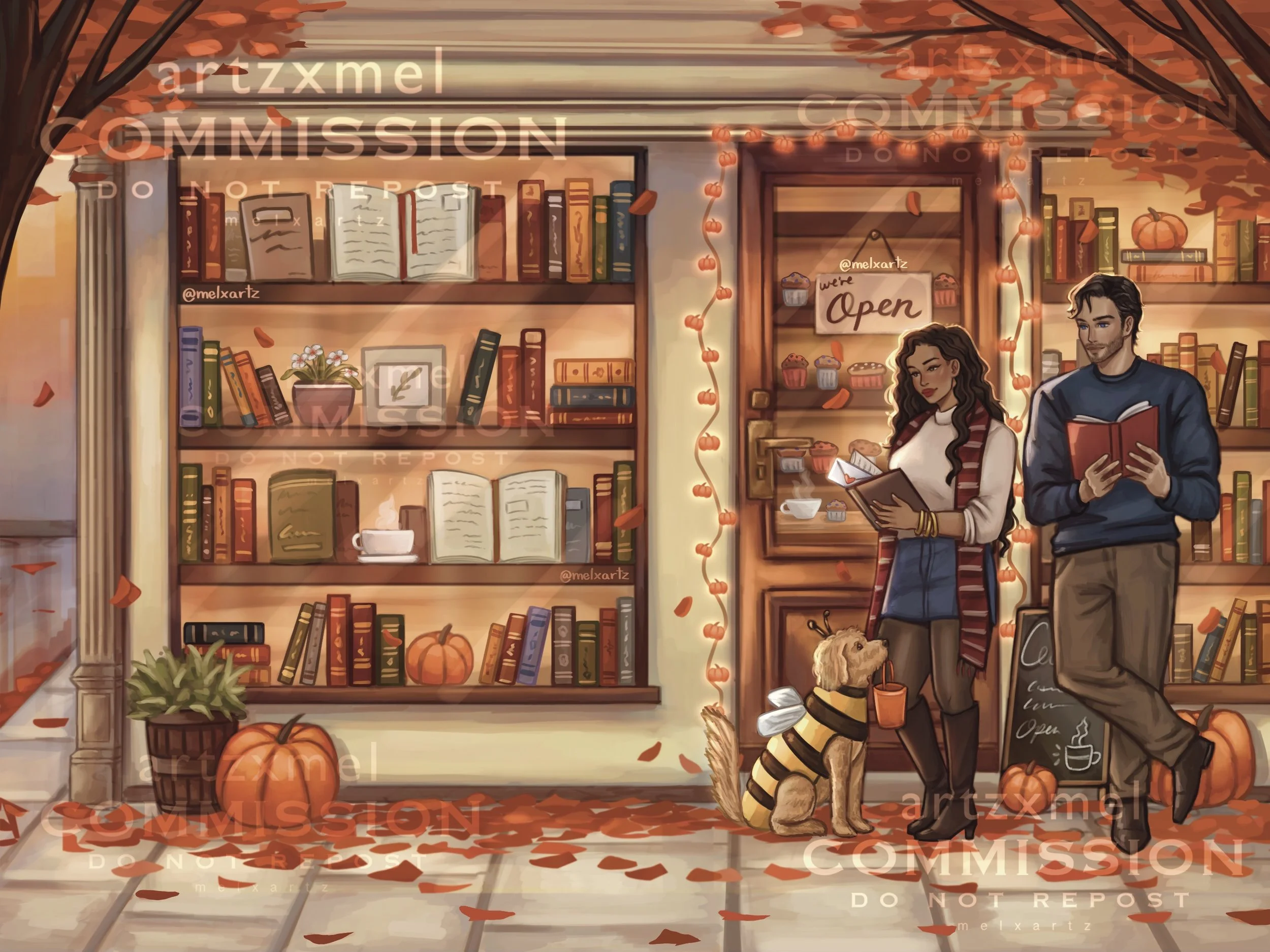 Custom Illustrated Book cover Commission featuring an autumn scene outside a bookstore with two people reading, a woman and a man, a dog dressed in a bee costume, pumpkins, fall leaves, and books displayed on shelves.