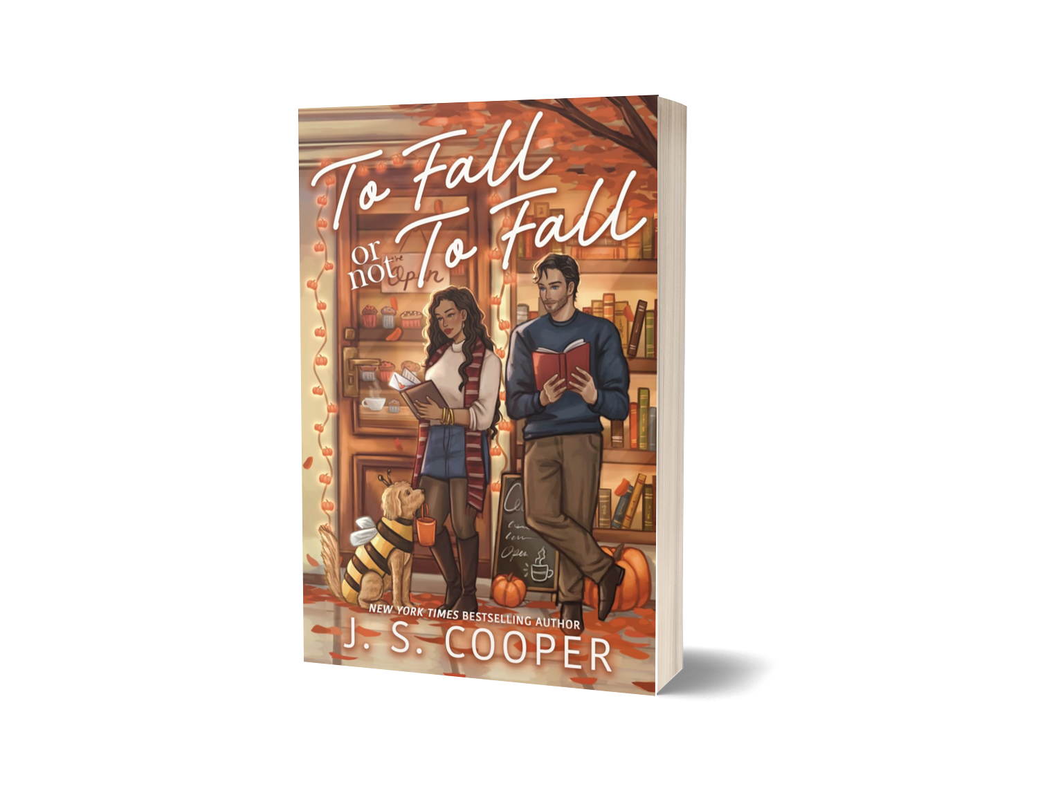 Custom Illustrated Book cover Commission titled 'To Fall or Not To Fall' by J.S. Cooper, featuring a man and woman reading books in a cozy fall-themed setting with pumpkins and leaf decorations.