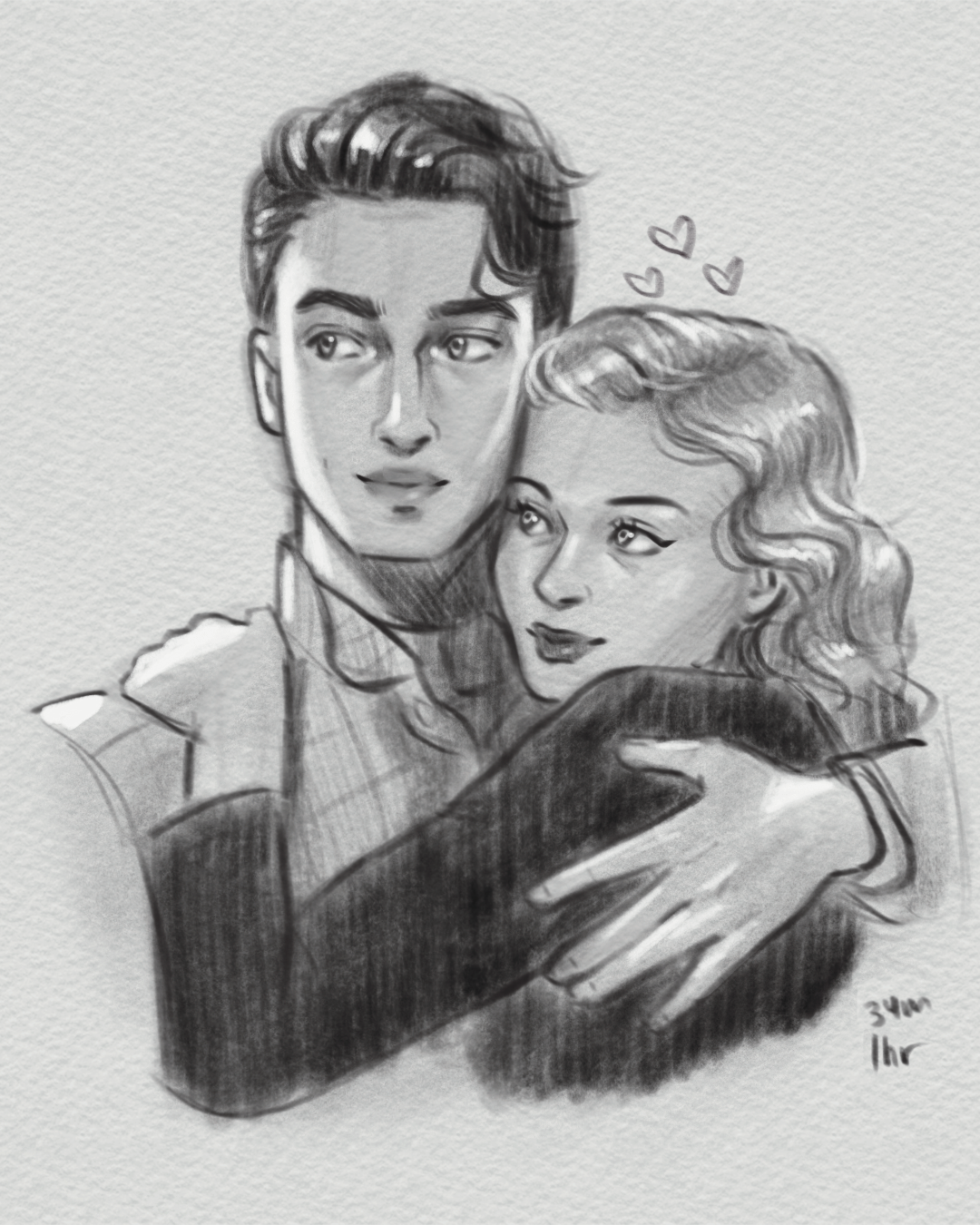 Black and white drawing of a man and woman embracing, with the man looking to the side and the woman smiling up at him, with small hearts above their heads.
