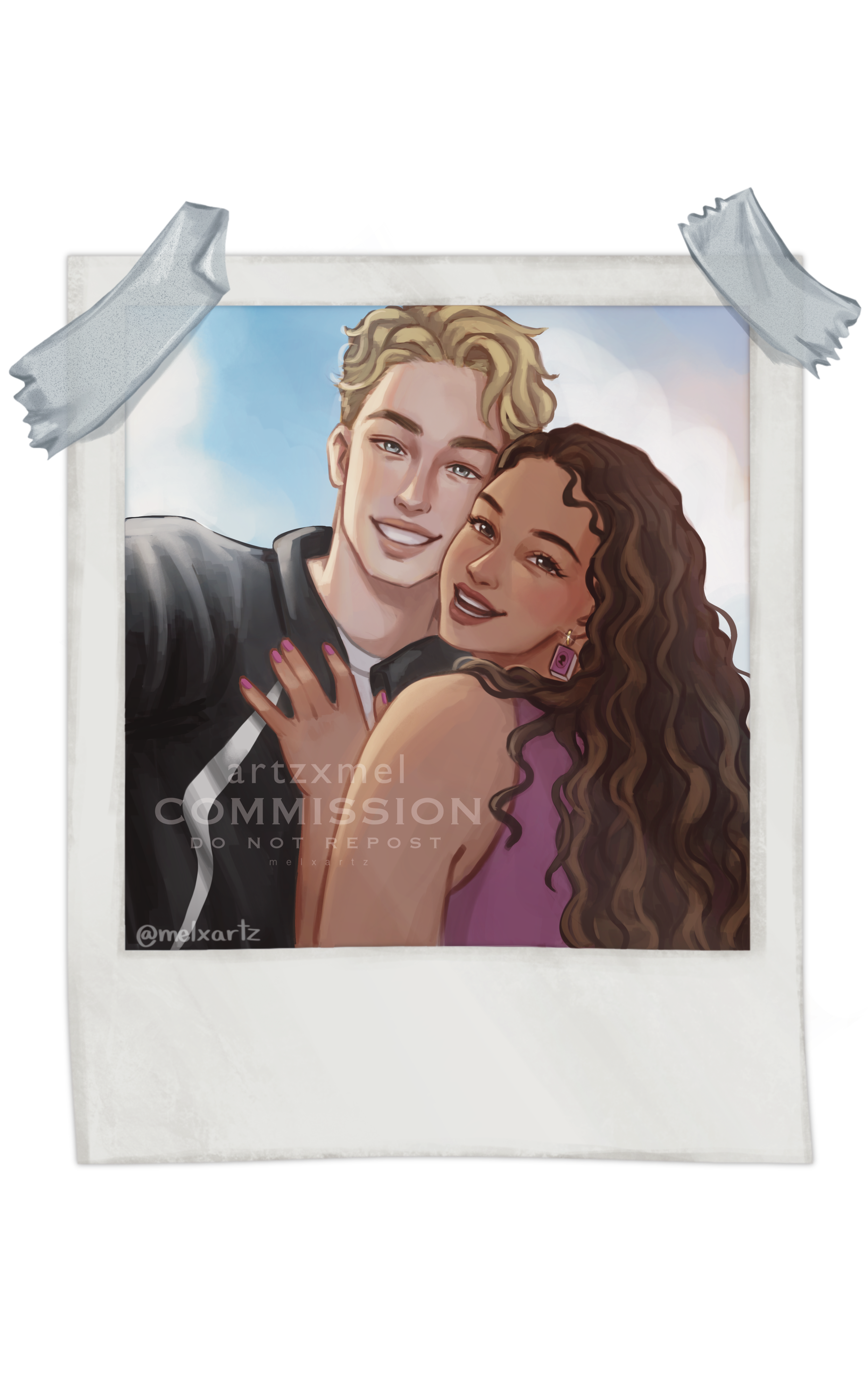 Custom Character Art Commission Illustration of a smiling young man and woman taking a selfie together, framed as a Polaroid photo taped to a colorful background.