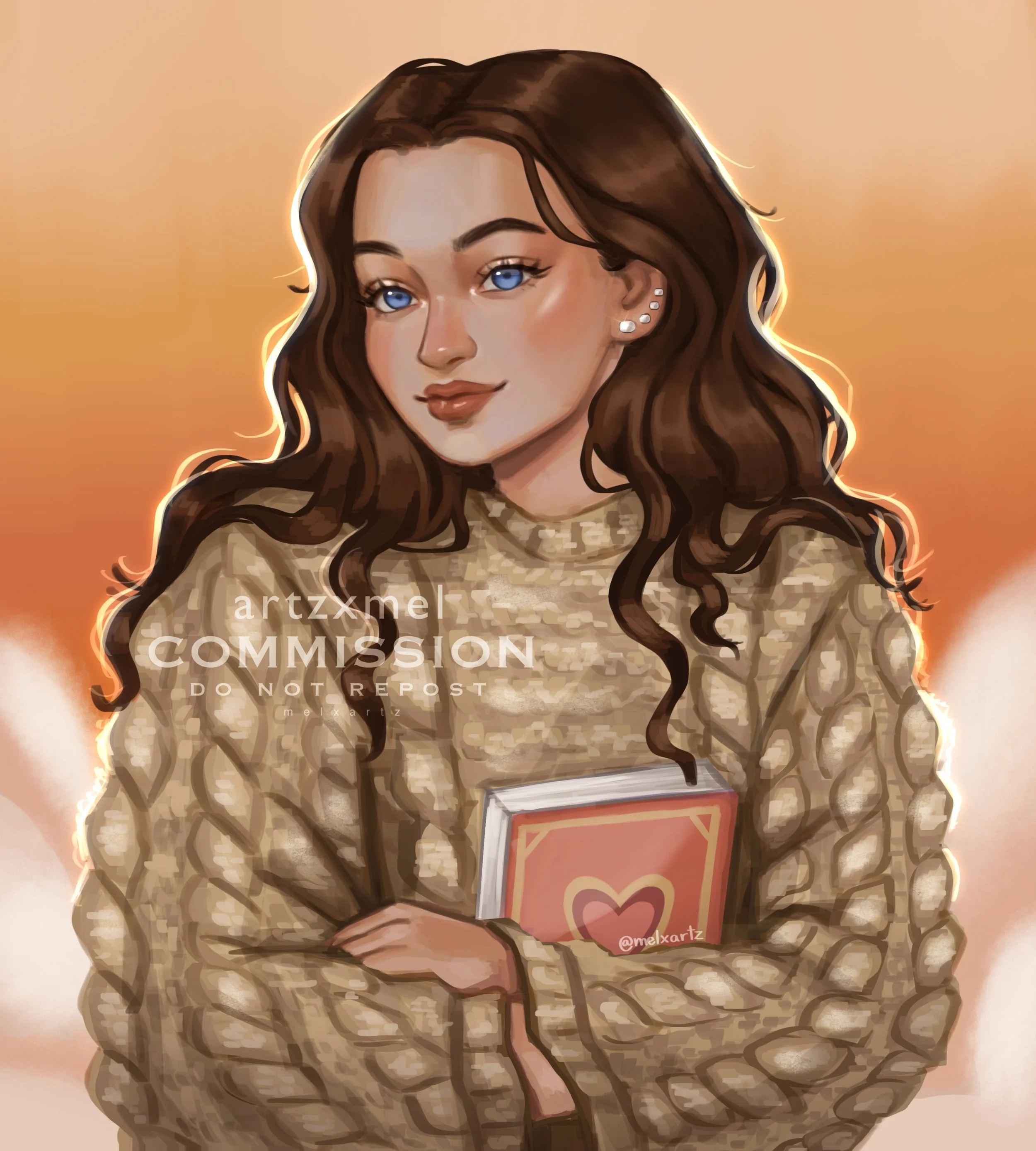 Custom Author portrait commission of a young woman with wavy brown hair and blue eyes, wearing a beige cable-knit sweater and multiple earrings, holding a notebook with a heart on the cover, set against an orange background.