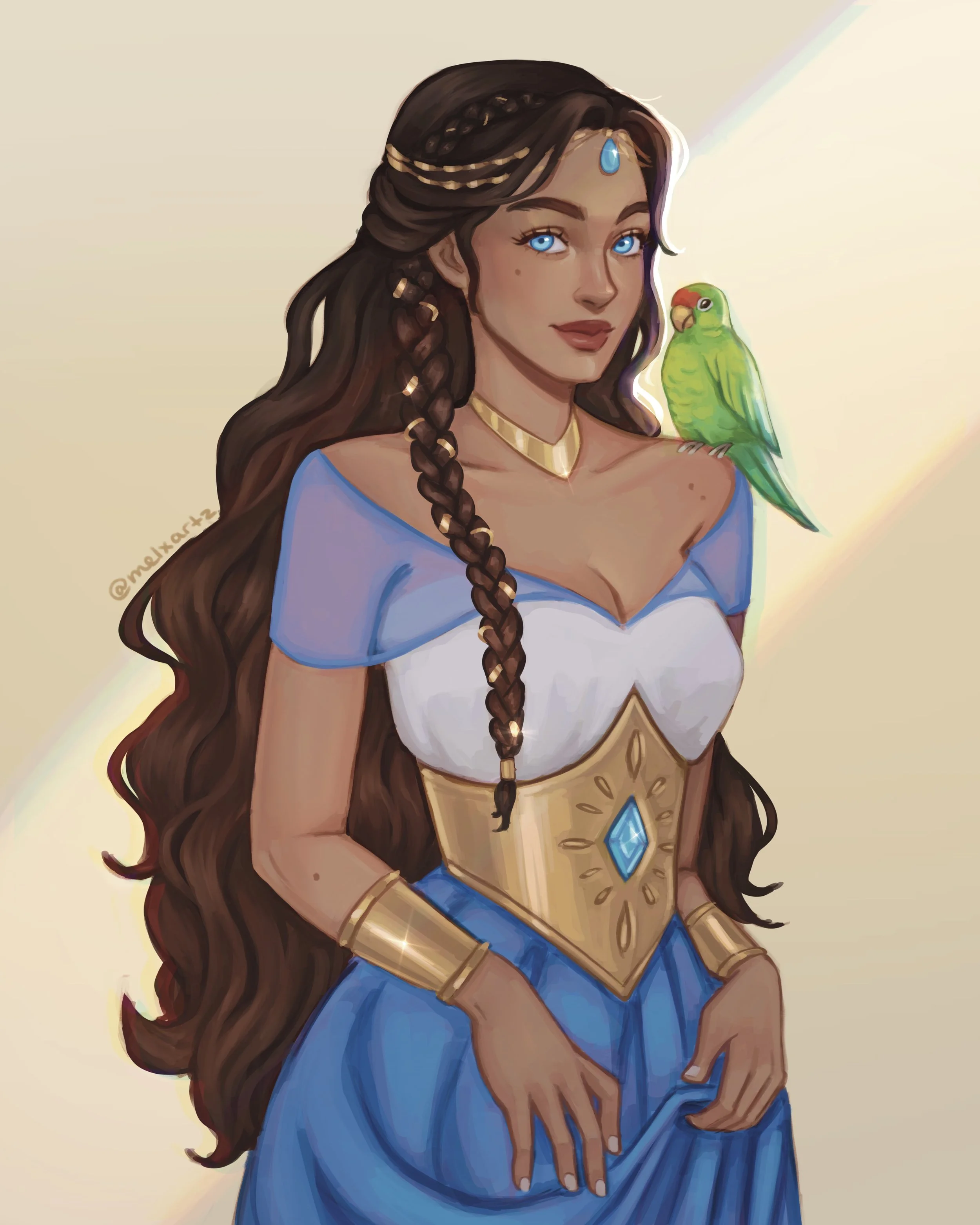Digital illustration of a woman with long brown hair, blue eyes, wearing a blue and white dress, with gold jewelry and a green bird perched on her shoulder.