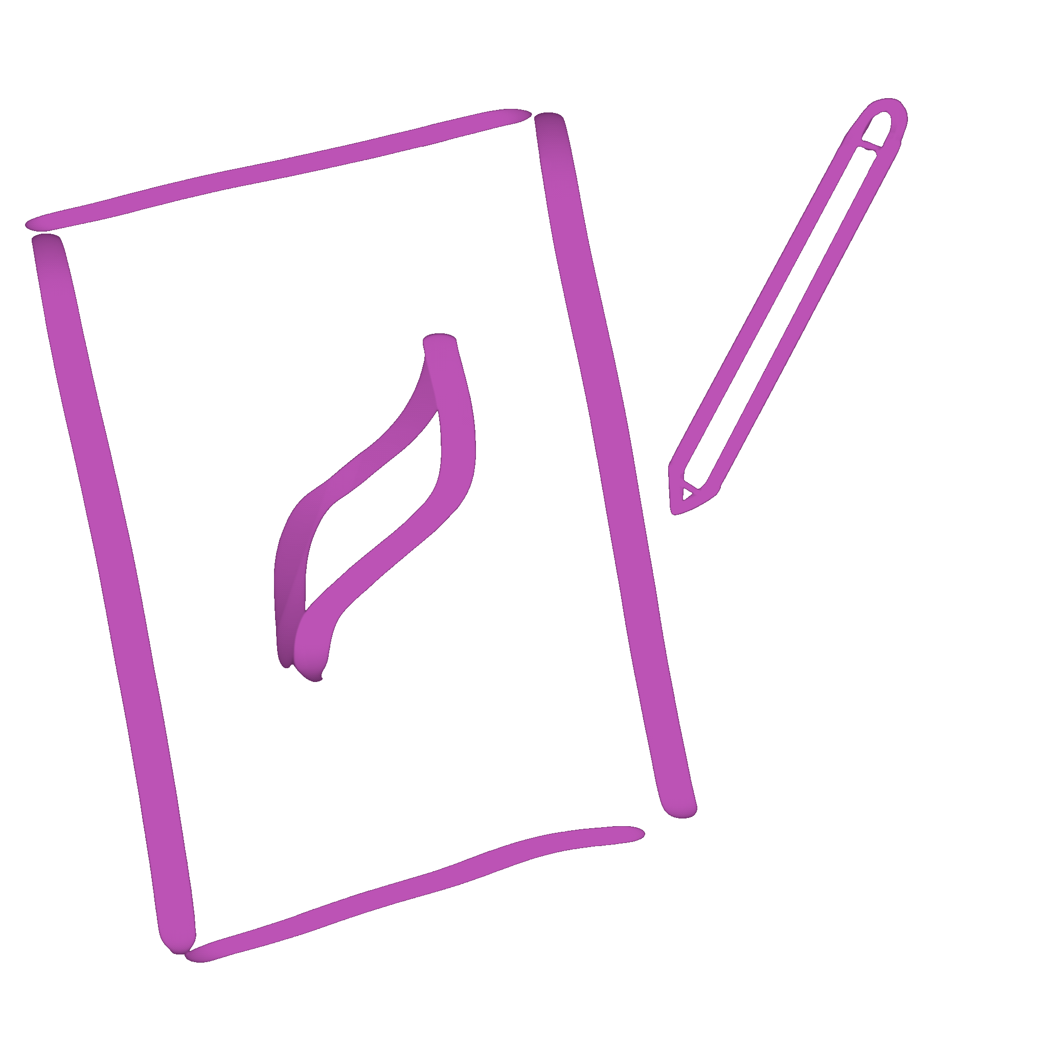 Purple sketch of a notebook with a pencil and a bookmark inside, on a black background.