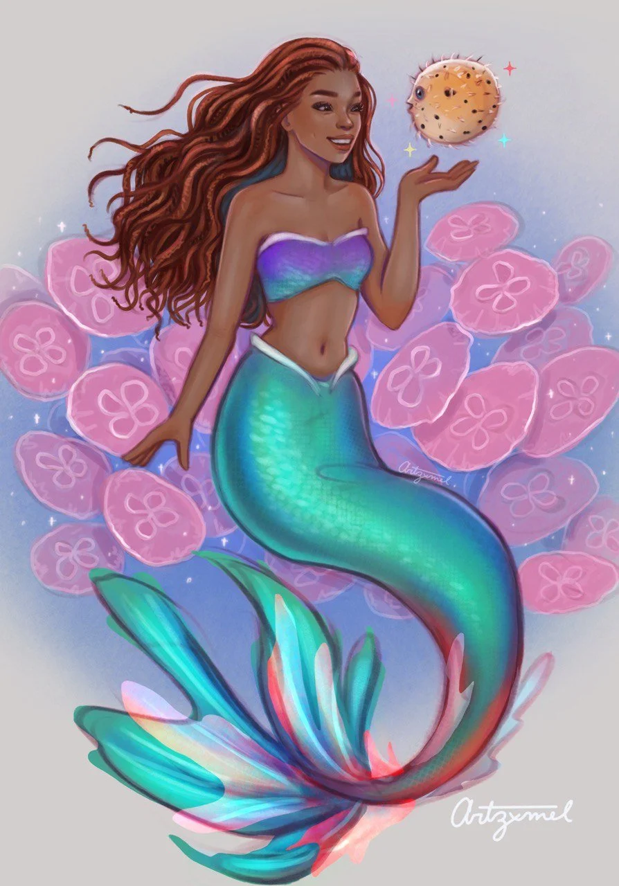 A mermaid with long red hair and a purple top, sitting on pink seashells, holding a spiky pufferfish, with a calm expression.