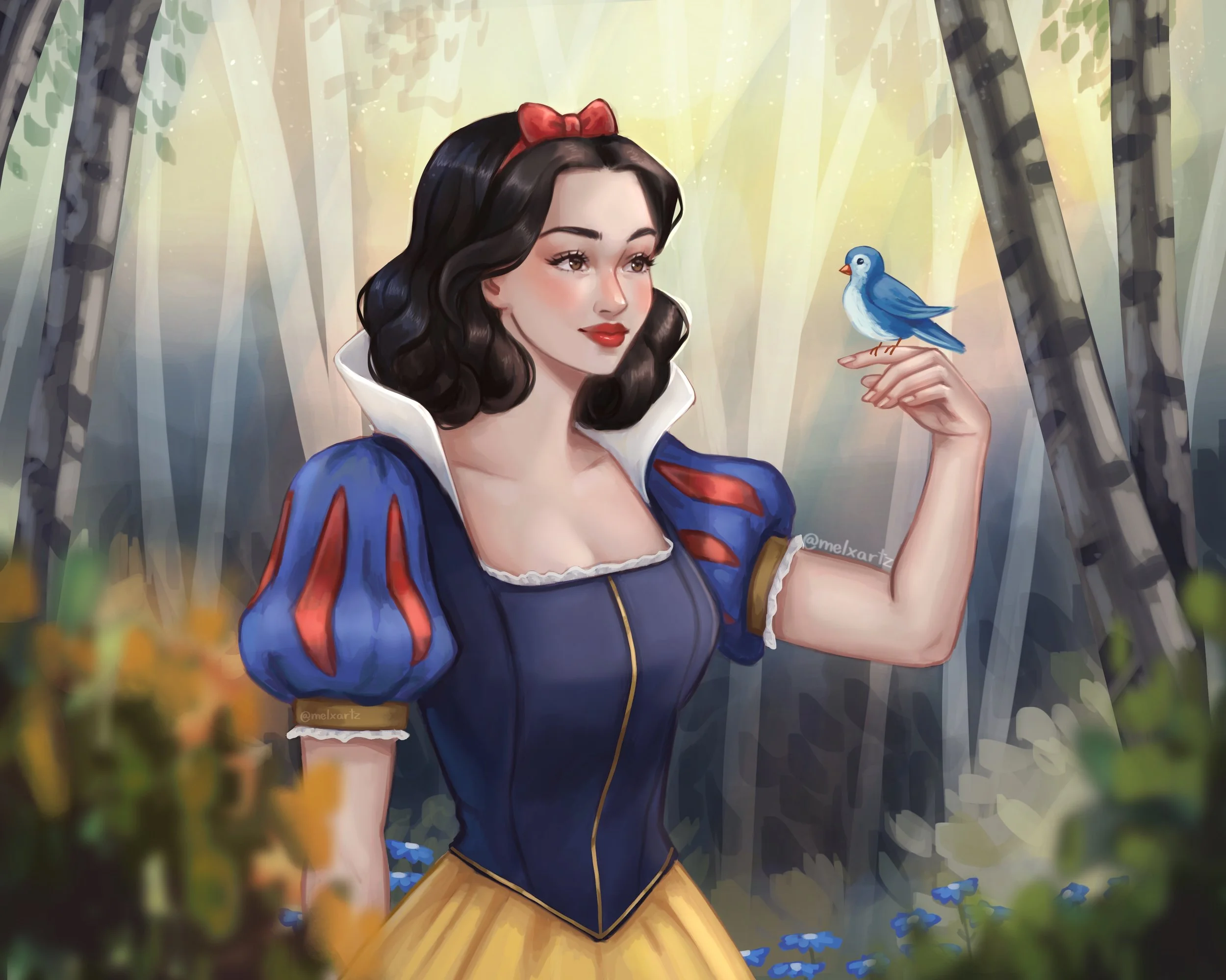 Digital painting of Snow White in a forest, holding a small blue bird on her finger, sunlight filtering through trees.